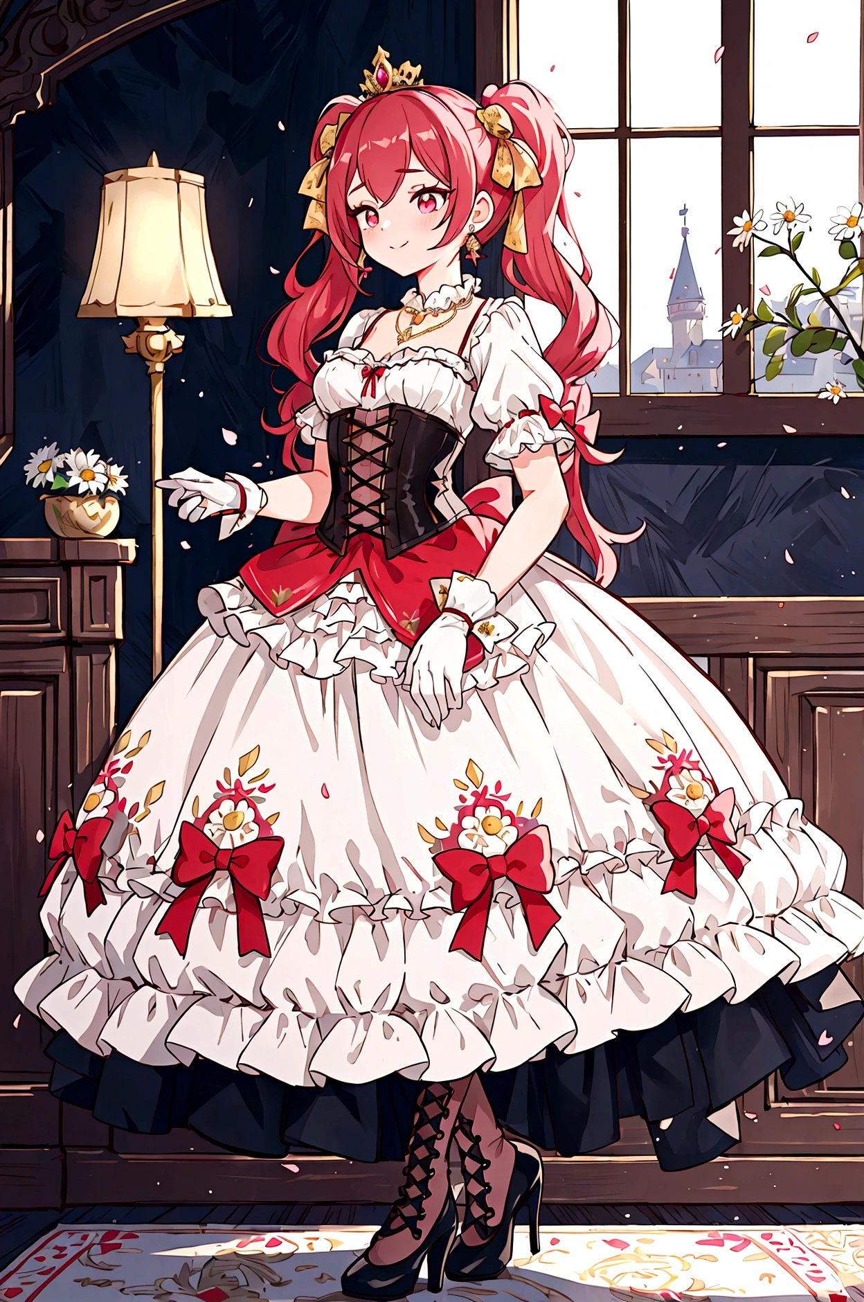 (best quality,4k,8k,highres,masterpiece:1.2),ultra-detailed, Pretty  princess, drawn in anime style, is cute and happy, long red pigtails hair, pink eyes, small breast, makeup and lipstick, steampunk, red and white ball gown with puffy sleeves, physically-based rendering,gorgeous frilly dress design,flowing gown,elaborate lace details,rich textures,contrast stitching,delicate ribbon bows,floral accents, daisy flowers embroidery, full skirt,short sleeves,fitted waistline,flared cuffs,lace-up back,luxurious fabrics,flawless silhouette, petticoat, bloomers, bustle, corset, hair ribbons, white elbow gloves, ruby earrings and necklace, gold tiara, high heels, holding a fencing sword, standing in castle bedroom, highly detailed, 4K.