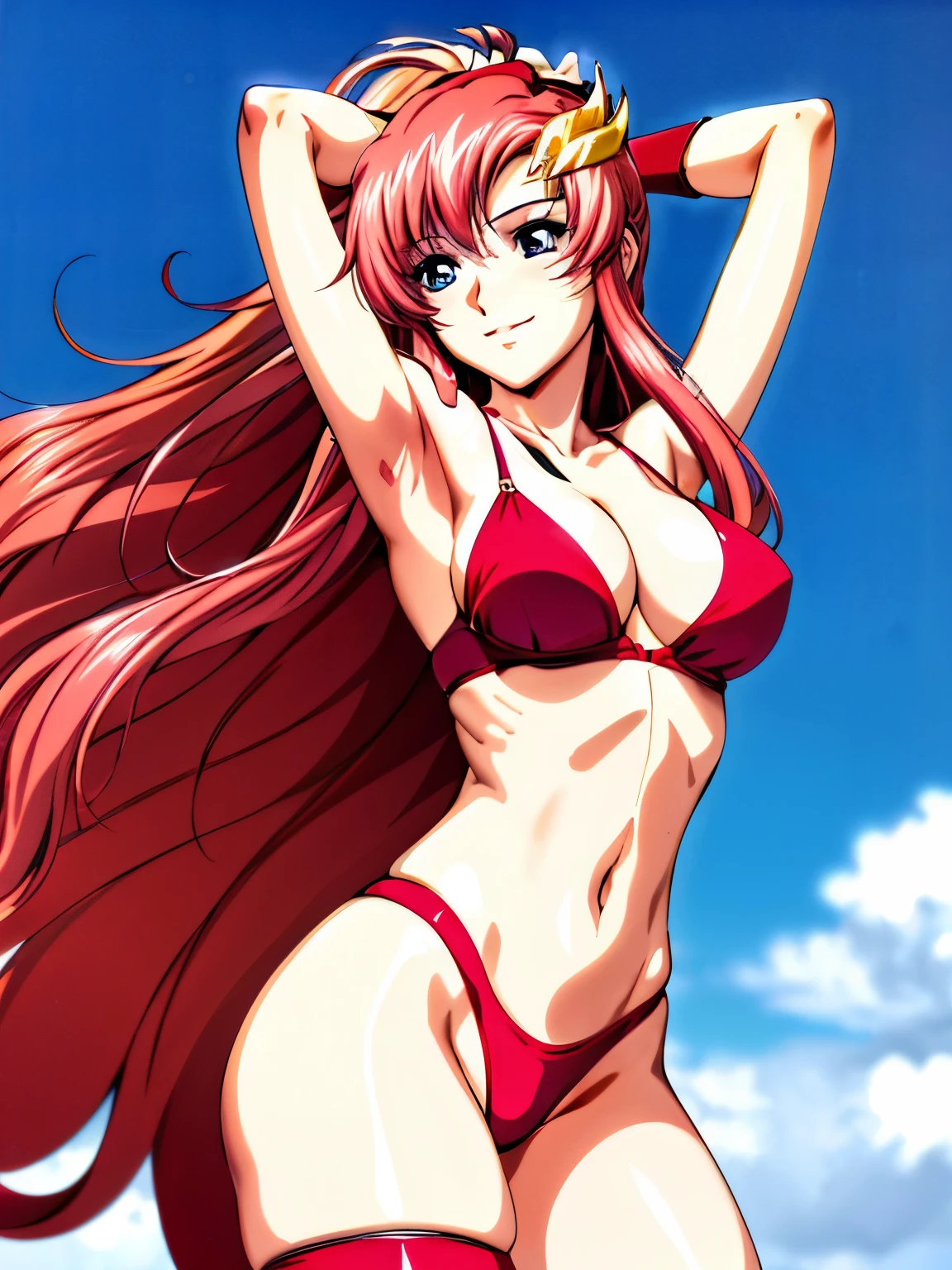 lacus4, (red bikini, running, thong, tall girl, masterpiece, cowboy shot, very slim shoulders, 4K, Best Quality, Anime style: 1.9, happy, Adult Woman, (ultra detailed head), (Crowd, cloud background), Drawing lines, high resolution, lacus4), 1girl, Solo, curvy figure, clavicle, scapular, (Detailed wide hair bangs, very long hair, Hair Ornament, Detailed reddish-pink hair, free flowing hair, shiny streaks, slim arms, detailed golden crest), cleavage, (hair cover shoulders). (Big blue eyes, shiny eyes), ((female wrestler, (slim body), slim arms, thighs)), ((perfect proportions, medium breasts, medium thighs, long belly)), ((leg strap)), smile with a wink, (standing, hot colors), detailed fingers, (bare shoulder, stretching, one arm up, white armpit, looking away)
