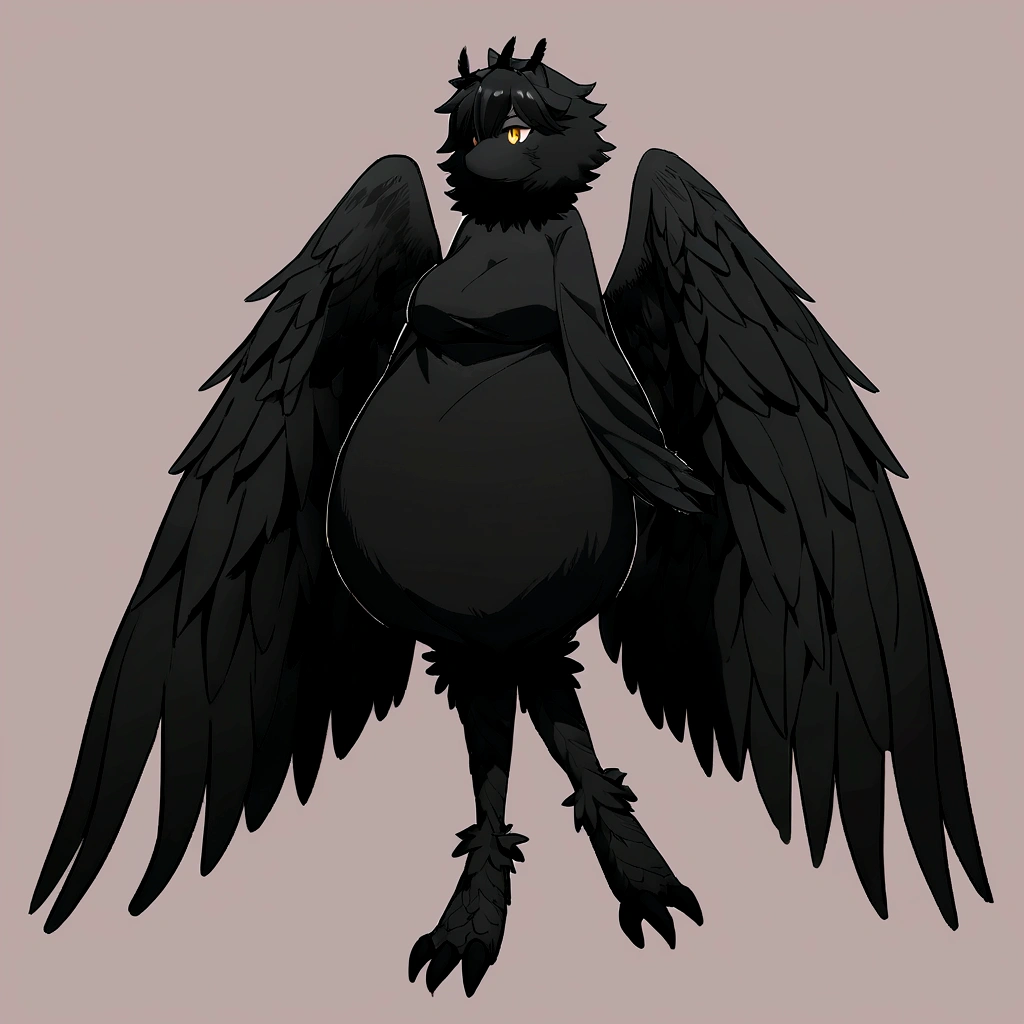 A woman with large bird wings with black feathers for arms, digitigrate bird legs and long, larger than the body itself. Her body are completely covered in black feathers, like a furry bird. Soft anime style.