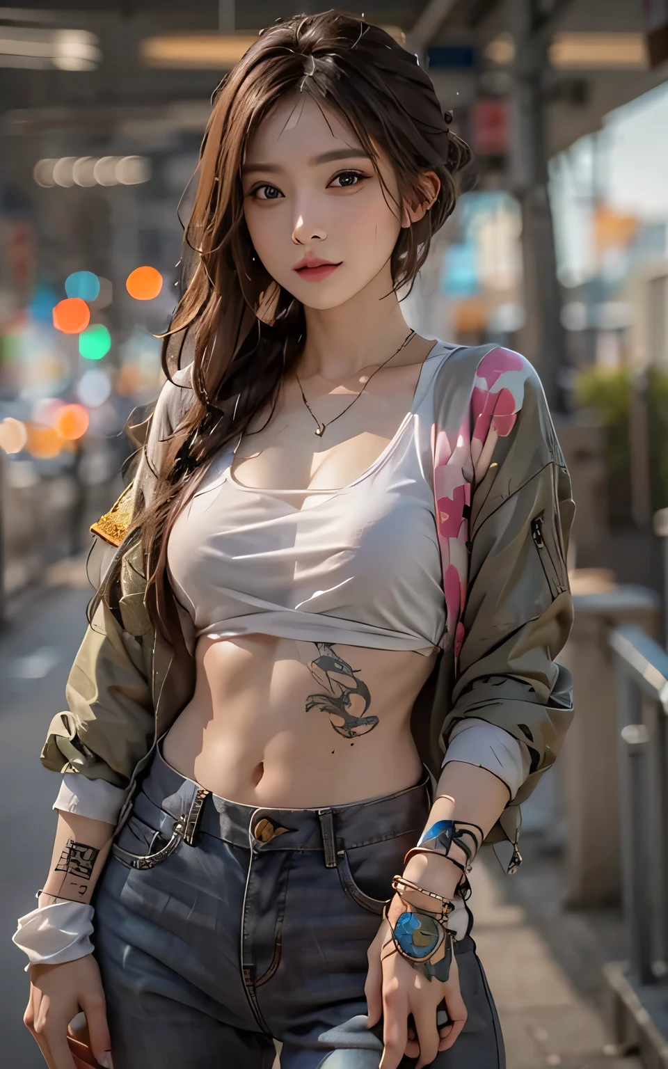 Photorealistic, High resolution, Soft light,1womanl, Solo, hips up high, (Detailed face),The tattoo, Jewelry, street wear, Beautiful Soldier, An eye that invites the viewer, Lover's perspective, inviting expression, Sexy smile, Perfect Style, Perfect balance, Detailed skin, Naughty gaze, Chest visible