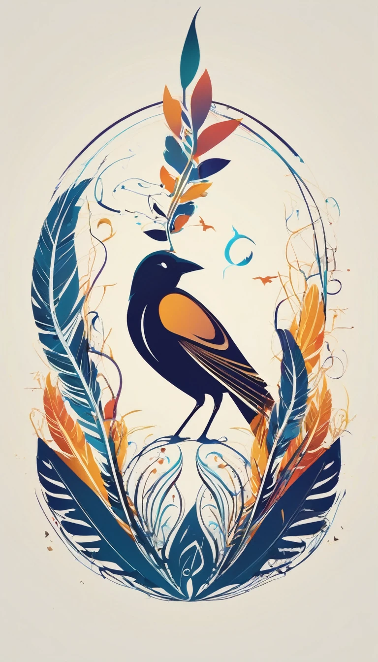 Create a cinematic, abstract symbol for a film production company based on stories and music called " Penamemoria". The logo should represent the companionship between a boy musician, A Storyteller Fantasy Bird and a Dreamy Feather. Minimalist symbol design. Must include the union of a boy dreamer and guitarist with a feather and a bird.