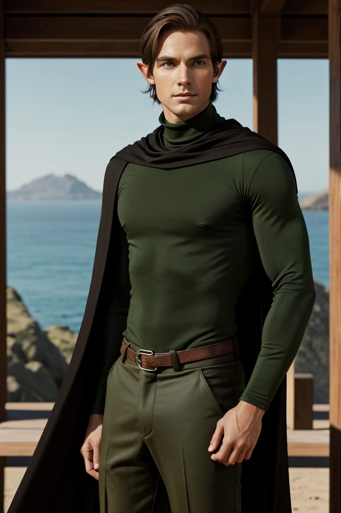 Half ELF half elf half man who is 1m75 tall he is a ranger he wears a black cape green pants a brown turtleneck a leather bracelet with brown eyes brown hair straight from the middle 