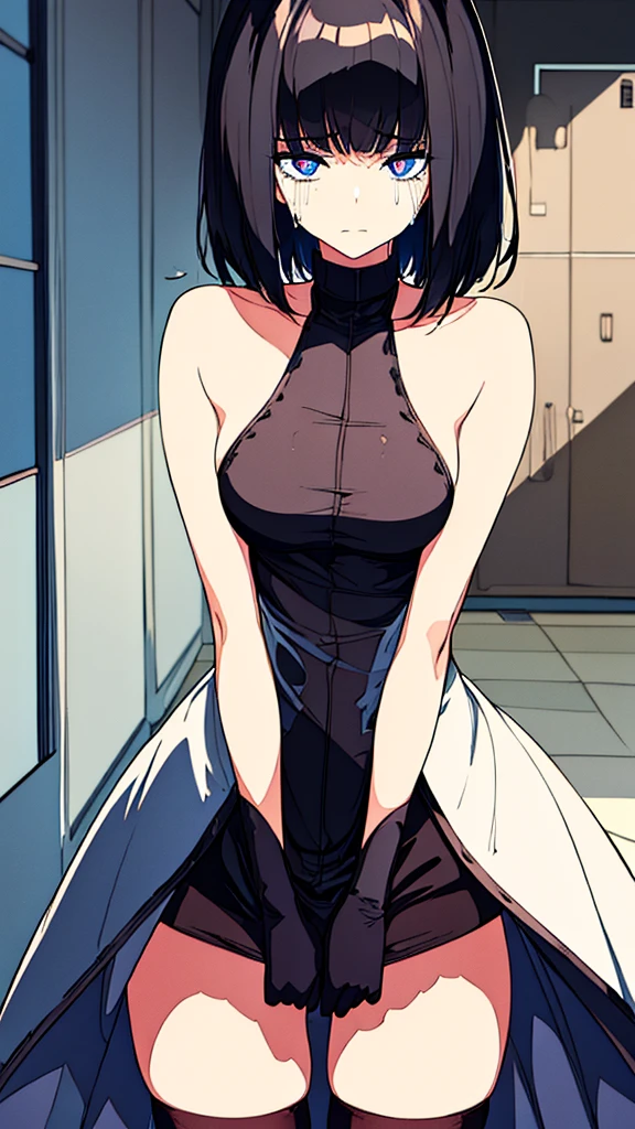 ((Best Quality)), ((Masterpiece)), (Detailed), Girl with short black hair, with straight bangs, blue eyes, the pupils of his eyes look at you strongly, tall and slender, very beautiful and feminine features, with loose black clothing, wearing shorts with long black stockings, short hair, nice breasts, with a too short miniskirt, with a scared expression and crying in pain for losing her virginity, she feels alone and has no help but also a sexualized expression, just woke up