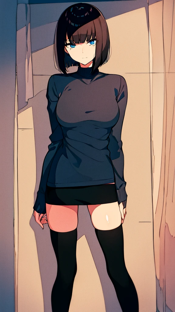 ((Best Quality)), ((Masterpiece)), (Detailed), Girl with short black hair, with straight bangs, blue eyes, the pupils of his eyes look at you strongly, tall and slender, very beautiful and feminine features, with loose black clothing, wearing shorts with long black stockings, short hair, nice breasts, with a too short miniskirt, with a scared expression and crying in pain for losing her virginity, she feels alone and has no help but also a sexualized expression, just woke up
