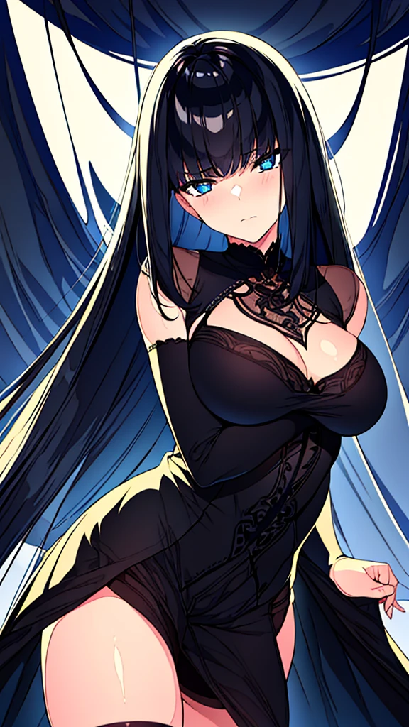 ((Best Quality)), ((Masterpiece)), (Detailed), Girl with short black hair, with straight bangs, blue eyes, the pupils of his eyes look at you strongly, tall and slender, very beautiful and feminine features, with loose black clothing, wearing shorts with long black stockings, short hair, nice breasts, with a too short miniskirt, with a scared expression and crying in pain for losing her virginity, she feels alone and has no help but also a sexualized expression, just woke up