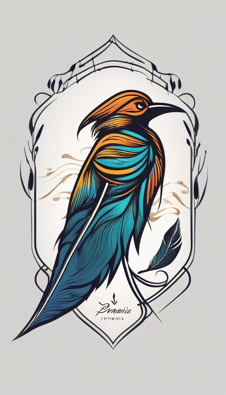 Create a simple logo design of a special, unique, poetic, minimalistic feather that represents a special creative brand called " Penamemoria". The brand is created by an artist called Rafael Figueiras. The logo must convey the sense of storytelling and music. Must include a boy, an acoustic guitar, a feather and a fantastic, unique bird. Logo design and icon design present and impressed on a white t-shirt. The logo and icon must be suitable either for drama movie as well as children movies. Must be suitable also for showcasing in a concert.