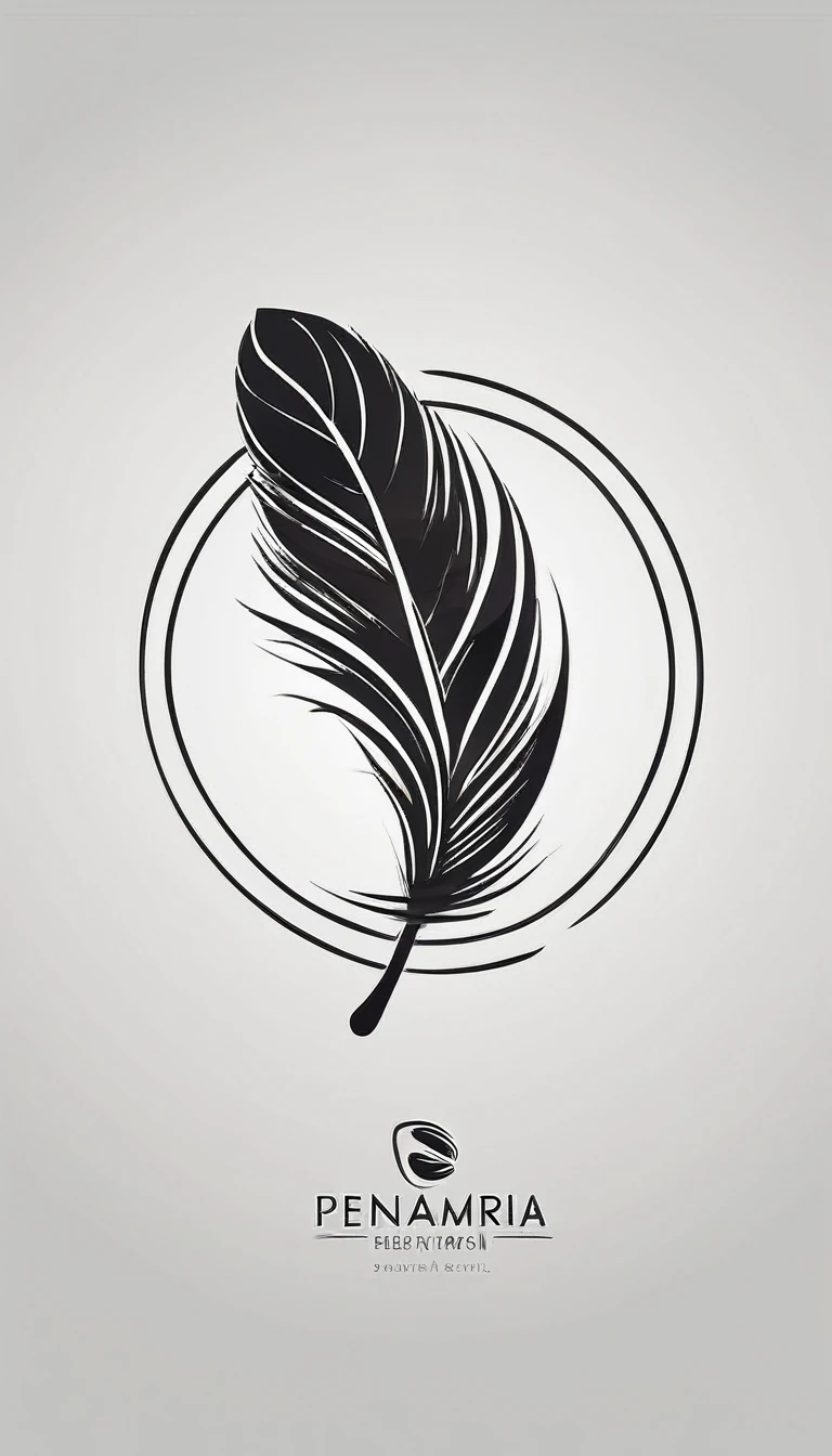 Create a simple logo design of a special, unique, poetic, minimalistic feather that represents a special creative brand called " Penamemoria". The brand is created by an artist called Rafael Figueiras. The logo must convey the sense of storytelling and music. Must include a boy, an acoustic guitar, a feather and a fantastic, unique bird. Logo design and icon design present and impressed on a white t-shirt. The logo and icon must be suitable either for drama movie as well as children movies. Must be suitable also for showcasing in a concert.