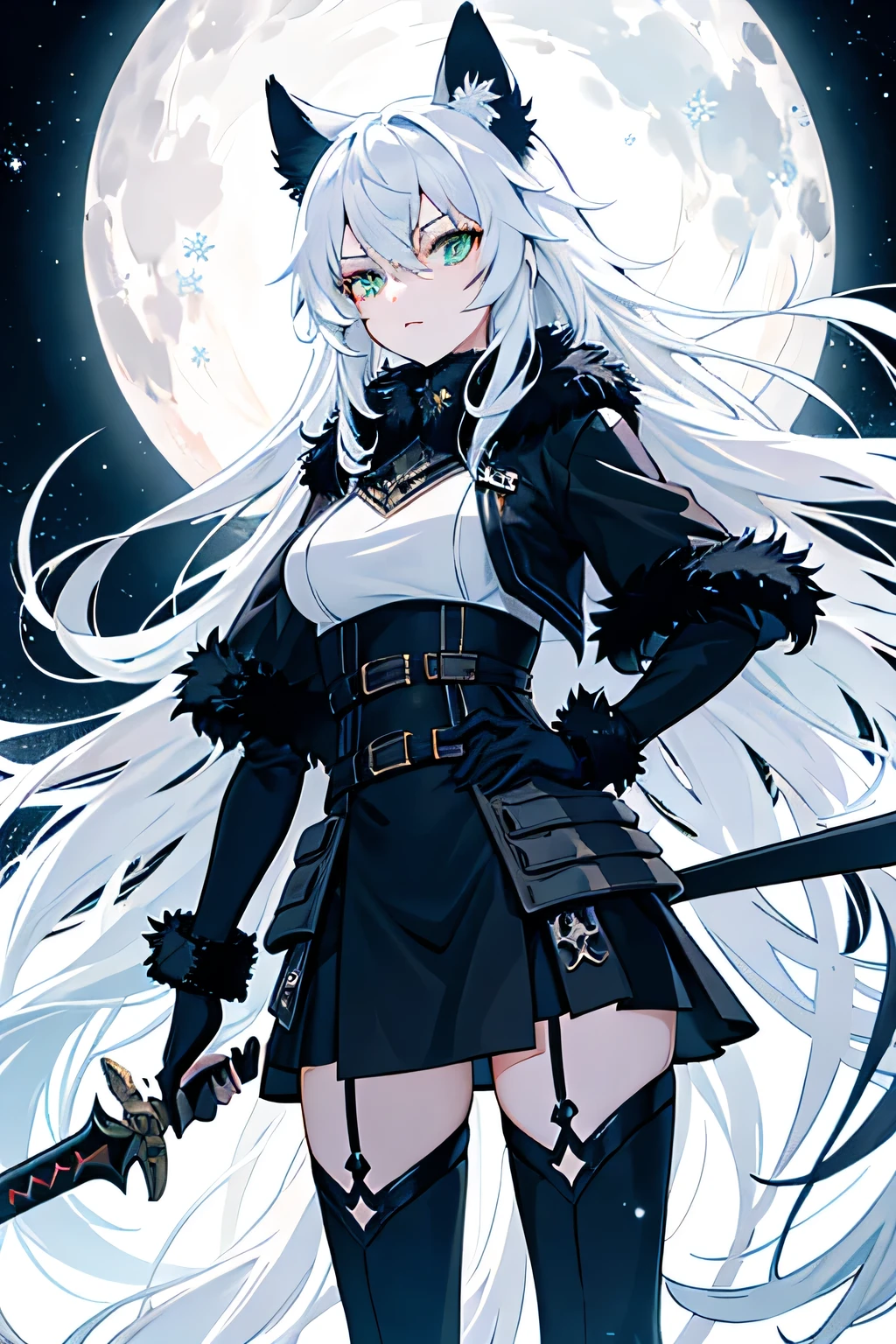 A captivating illustration showcases a black wolf girl wielding a weapon with poise and authority. Clad in a black fur coat, her long, flowing hair is adorned with white accents that resemble snowfall, giving her a distinctly icy appearance. Her piercing green eyes gaze intensely, filled with a fierce determination as she stands against a moonlit backdrop. The weapon she holds is sleek and modern, its gleaming surface reflecting the moonlight and casting shadows across her face. The scene is set in a forest during the dead of night, with snowflakes gently falling around her, adding to the enchanting atmosphere. The artwork exudes a sense of majesty and power