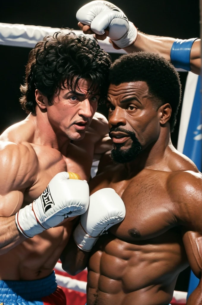 Imagem de uma cena de luta de boxe de sylvester stallone e mr T no filme Rocky III