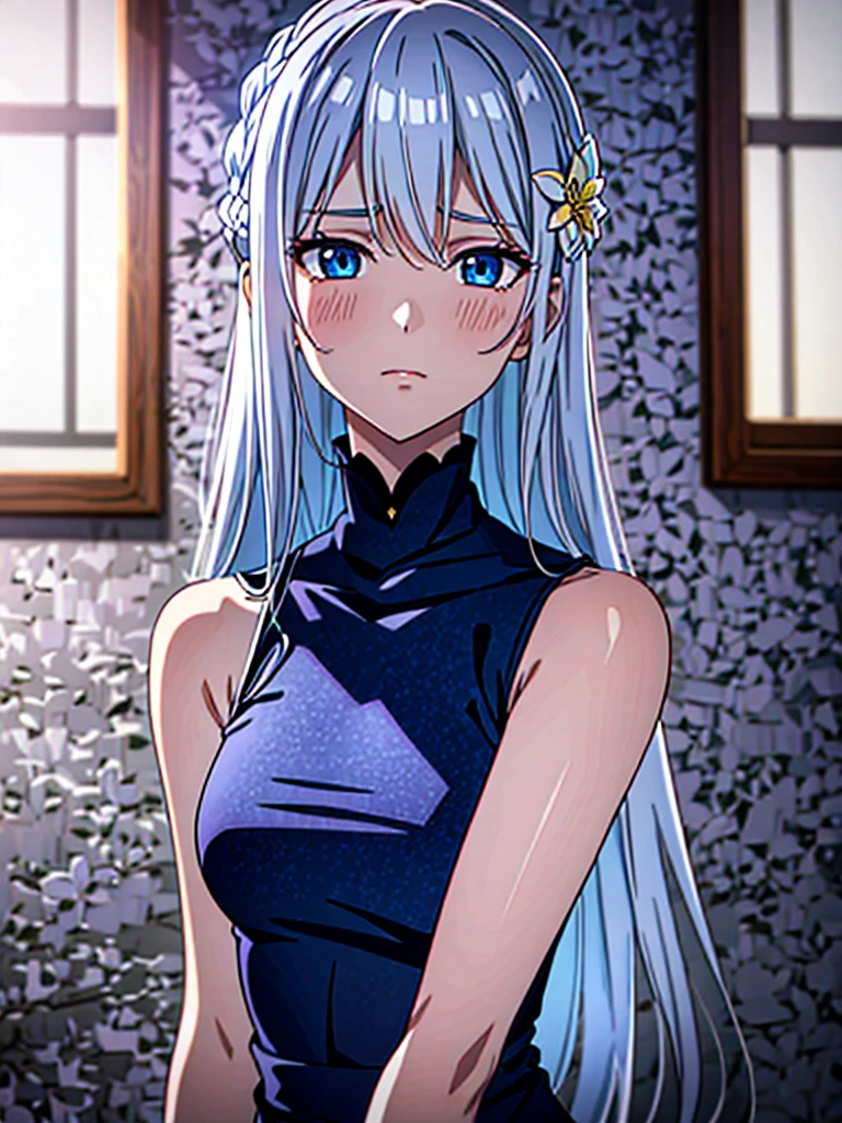 singoe anime girl
BREAK long white-silver hair, braid, side bangs, hair ornament, flower hair clip, blue eyes, thin lips, small boobs, thin thighs
BREAK casual dress, gold ring, sleeveless dress, dark blue dress
BREAK looking at viewer, upper body, blush, slightly annoyed face
BREAK fancy bedroom background
BREAK (masterpiece:1.2), best quality, high resolution, unity 8k wallpaper, (illustration:0.8), (beautiful detailed eyes:1.6), extremely detailed face, perfect lighting, extremely detailed CG, (perfect hands, perfect anatomy)