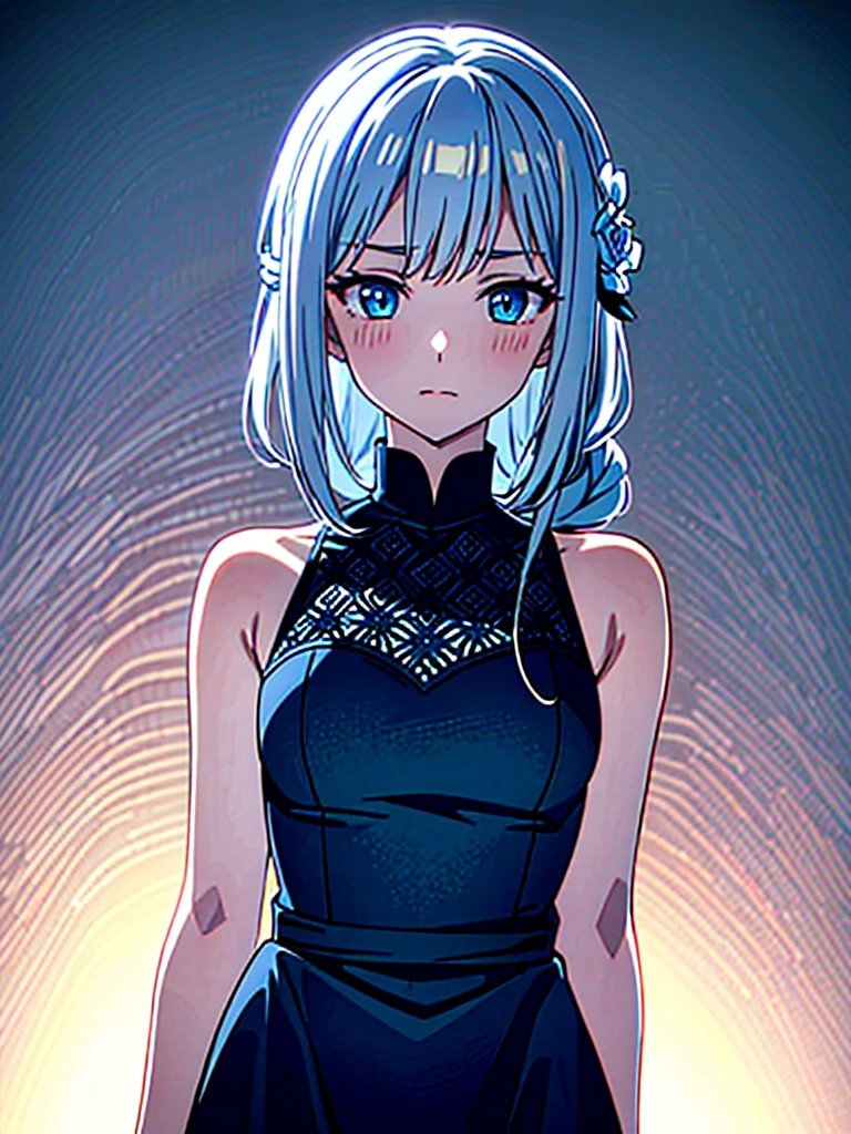 singoe anime girl
BREAK long white-silver hair, braid, side bangs, hair ornament, flower hair clip, blue eyes, thin lips, small boobs, thin thighs
BREAK casual dress, gold ring, sleeveless dress, dark blue dress
BREAK looking at viewer, upper body, blush, slightly annoyed face
BREAK fancy bedroom background
BREAK (masterpiece:1.2), best quality, high resolution, unity 8k wallpaper, (illustration:0.8), (beautiful detailed eyes:1.6), extremely detailed face, perfect lighting, extremely detailed CG, (perfect hands, perfect anatomy)