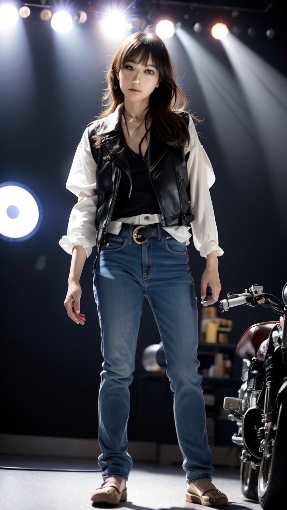 、(((目が細くLight eye makeup)))、(((Standing alone on the rider&#39;Black leather jacket with the backdrop of a Kabukicho alley at night.)))、(((Please wear clothes that cover your arms....)))、Half Japanese and half Korean、18-year-old girl、independent、look forward to、Light eye makeup、Brown Hair Color、flat 、Hair blowing in the wind、Quality of actress、Shiny, Ultra-realistic face、smileの表情、Watery eye、look up、Soothing lighting effects、 Ultra-Realistic Capture、Very detailed、High resolution 16K human skin closeup。Skin texture must be natural、Must be so detailed that pores are visible、skin is healthy、Must be of uniform tone、Use natural light and color、High quality photos taken by modeling agencies&#39;Exclusive photographer、smile、(((Sigma 300mm F/2.8,1/1000 sec shutter,ISO400)))

