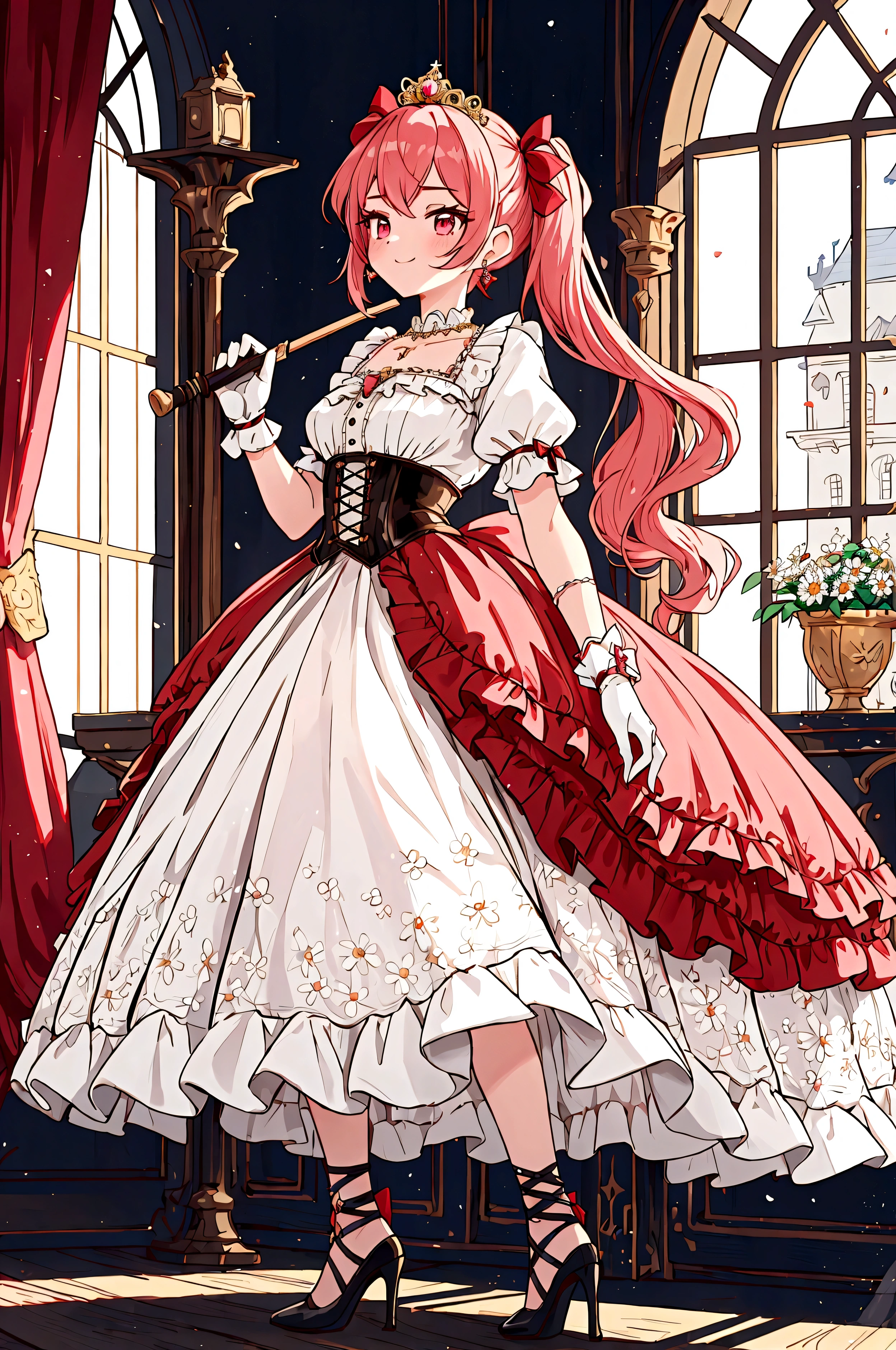 (best quality,4k,8k,highres,masterpiece:1.2),ultra-detailed, Pretty 15 years old princess, drawn in anime style, is cute and happy, long red pigtails hair, pink eyes, small breast, makeup and lipstick, steampunk, red and white ball gown with puffy sleeves, physically-based rendering,gorgeous frilly dress design,flowing gown,elaborate lace details,rich textures,contrast stitching,delicate ribbon bows,floral accents, daisy flowers embroidery, full skirt,short sleeves,fitted waistline,flared cuffs,lace-up back,luxurious fabrics,flawless silhouette, petticoat, bloomers, bustle, corset, hair ribbons, white elbow gloves, ruby earrings and necklace, gold tiara, high heels, holding a fencing sword, standing in castle bedroom, highly detailed, 4K.