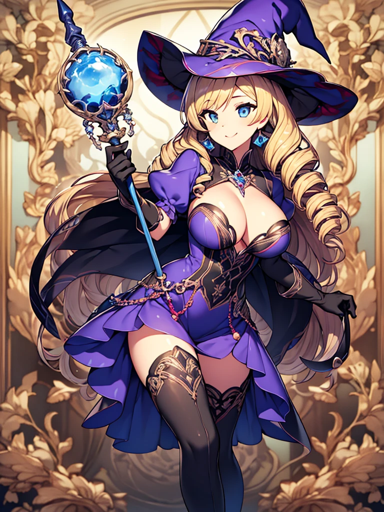 masterpiece, best quality, 1girl, solo, hat, blonde-hair, drill-hair, gloves, breasts, blue-eyes, witch-hat, thigh-boots, thighhighs, boots, elbow-gloves, open-mouth, staff, purple-headwear, smile, dress, full-body, simple-background, cleavage, large-breasts, looking-at-viewer, purple-dress, very-long-hair, purple-gloves, holding, purple-footwear, wand standing-on-one-leg, twin-drills, holding-staff, witch, black-footwear, puffy-sleeves