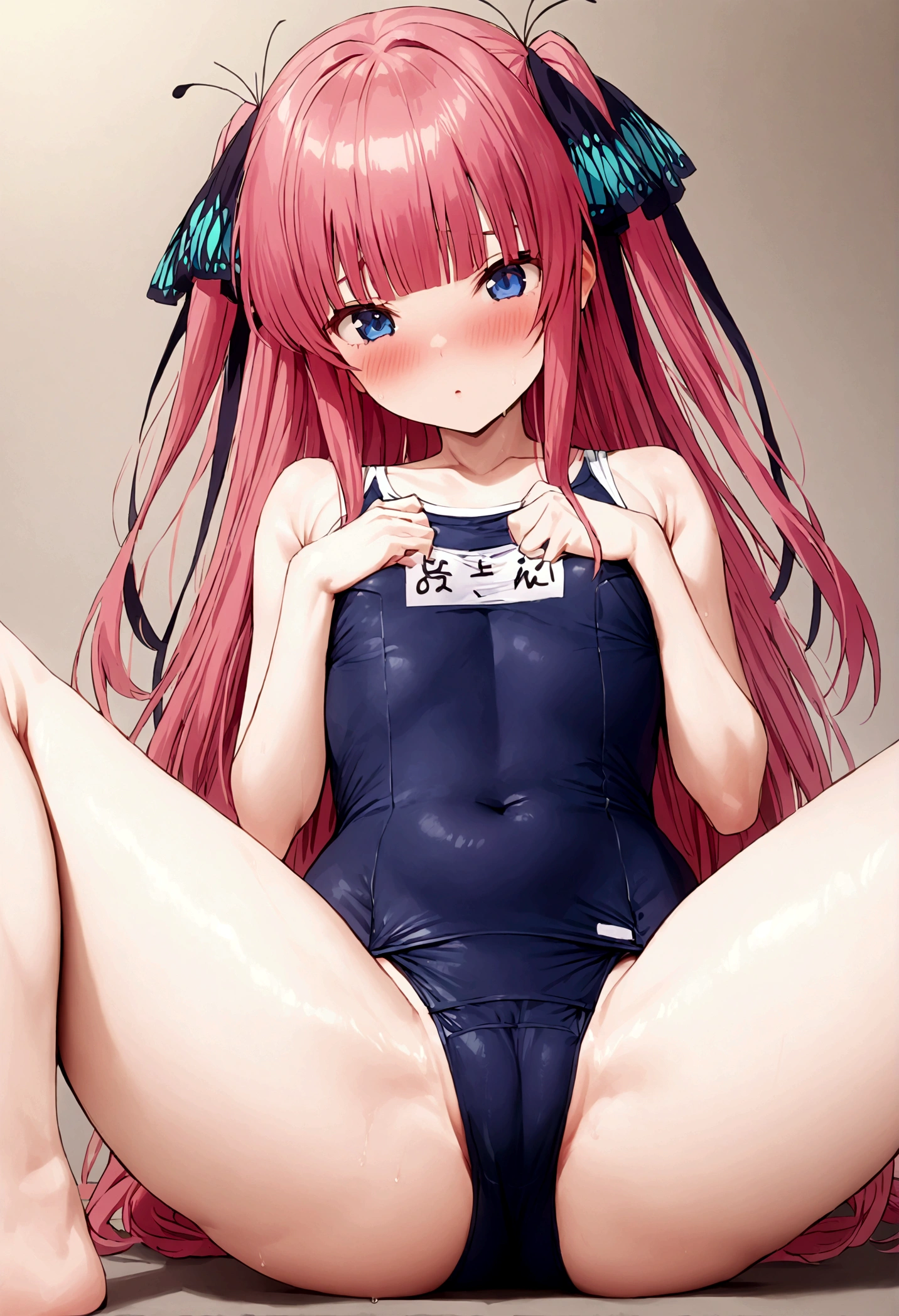 masterpiece, best quality, insanely detailed, beautiful, nino nakano, long hair, bangs, blue eyes, hair ornament, hair ribbon, pink hair, blunt bangs, two side up, butterfly hair ornament, blush, (High leg school swimsuit, legs spread, nipple, sukumizu, school swimsuit