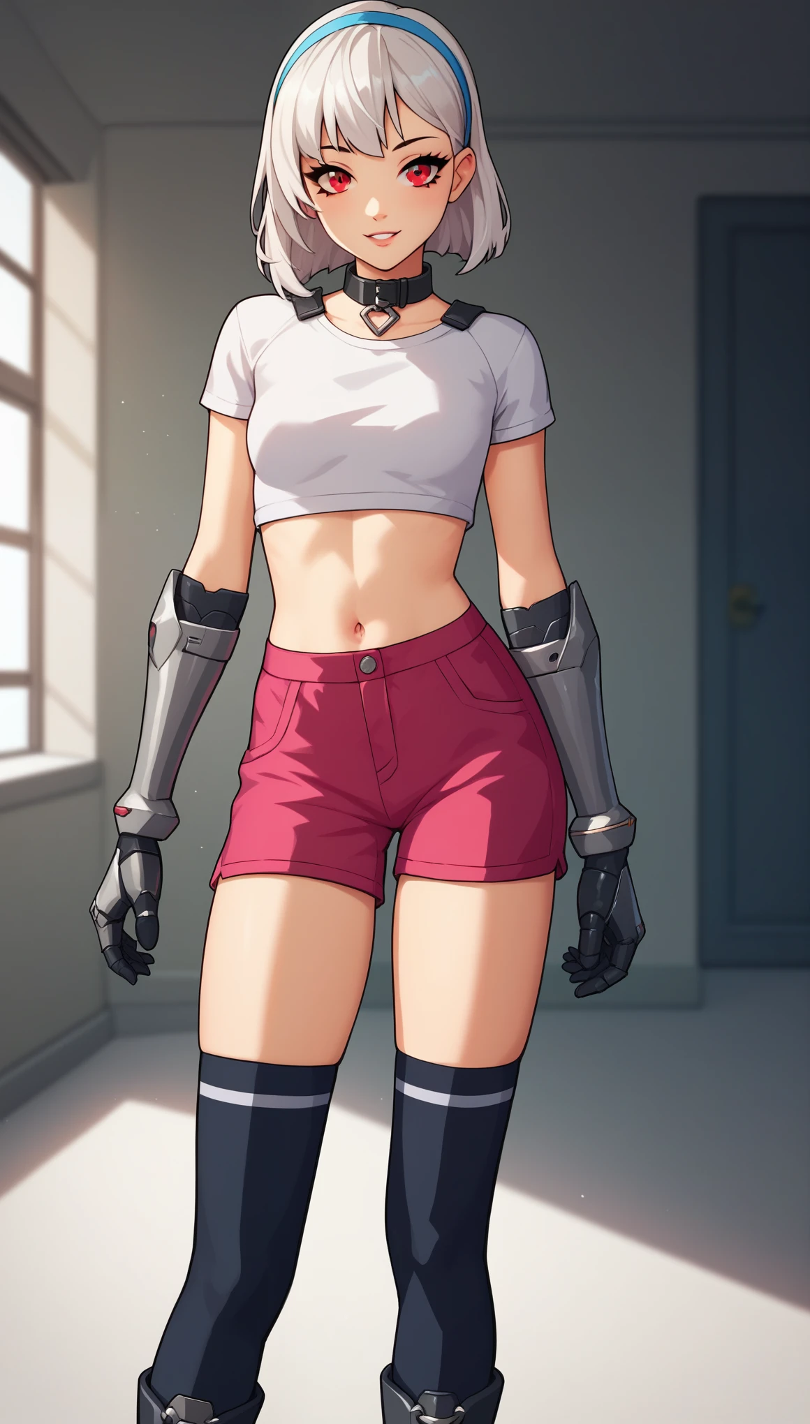 score_9, score_8_up, score_7_up, score_6_up, score_5_up, score_4_up, LexaFEXL, red eyes, white hair, short hair, blue hairband, bangs, black collar, mechanical arms, small breasts, white crop top, short sleeves, navel, (pink shorts), black thighhighs, black boots, (solo), standing, looking at viewer, indoors