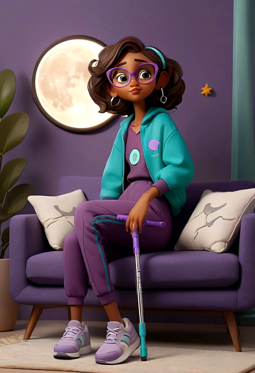 brown girl with medium brown hair with the tips painted blue wearing purple glasses and she is using purple crutches with a purple blouse with a moon print with a purple jacket with cyan stripes with cyan pants with black sneakers sitting in the living room in a black sofa