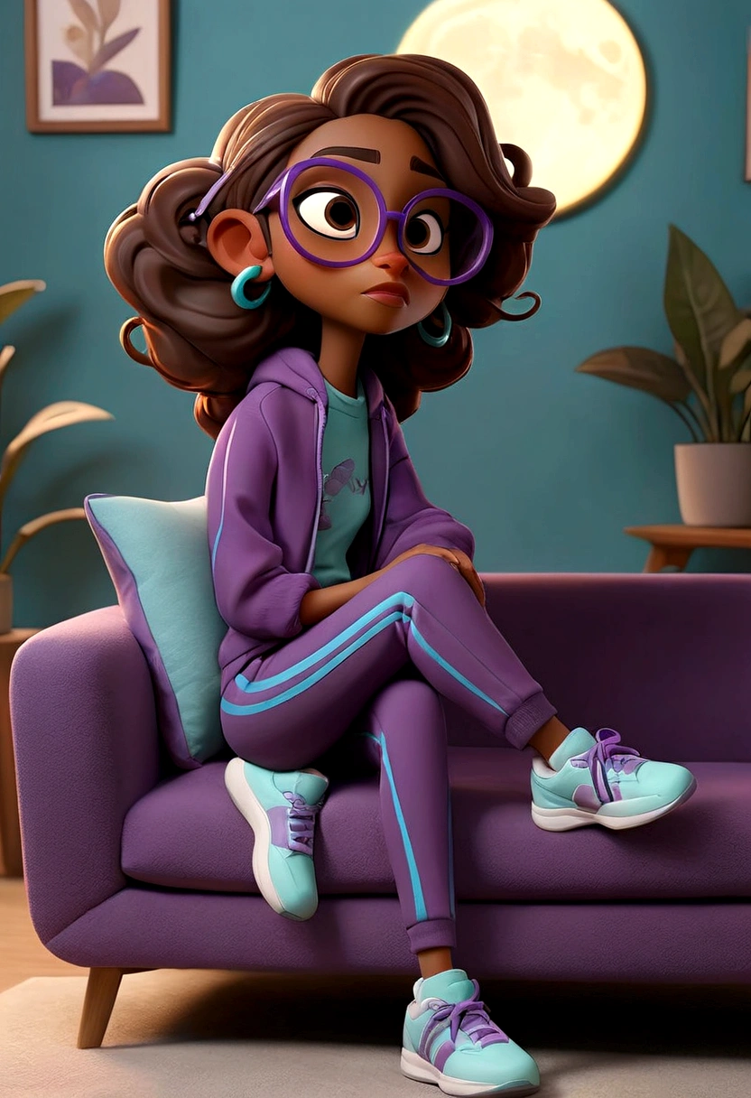 brown girl with medium brown hair with the tips painted blue wearing purple glasses and she is using purple crutches with a purple blouse with a moon print with a purple jacket with cyan stripes with cyan pants with black sneakers sitting in the living room in a black sofa 