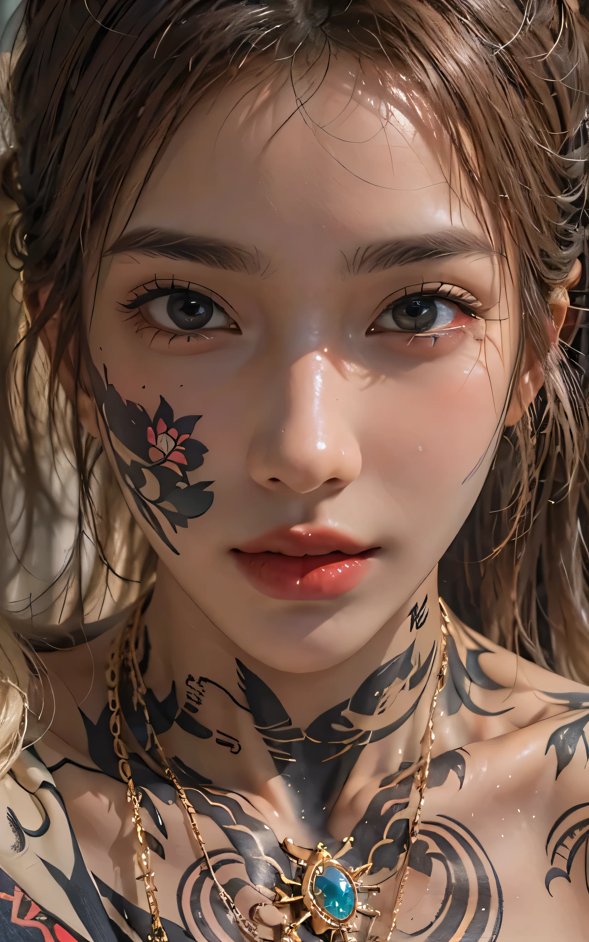 Photorealistic, High resolution, Soft light,1womanl, Solo, hips up high, (Detailed face),The tattoo, Jewelry, street wear, Beautiful Soldier, An eye that invites the viewer, Lover's perspective, inviting expression, Sexy smile, Perfect Style, Perfect balance, Detailed skin, Naughty gaze, Chest visible
