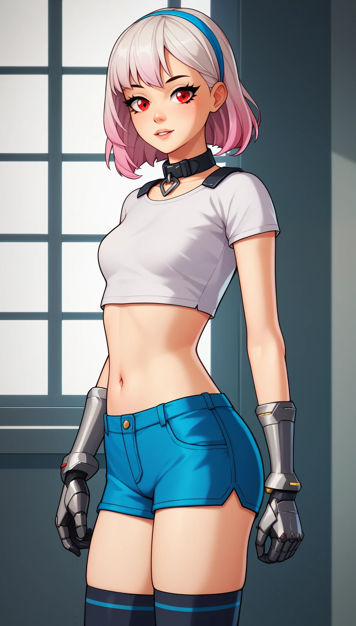 score_9, score_8_up, score_7_up, score_6_up, score_5_up, score_4_up, LexaFEXL, red eyes, white hair, pink hair, gradient hair, short hair, blue hairband, bangs, black collar, mechanical arms, small breasts, white crop top, short sleeves, navel, (blue shorts), black thighhighs, black boots, (solo), standing, looking at viewer, indoors