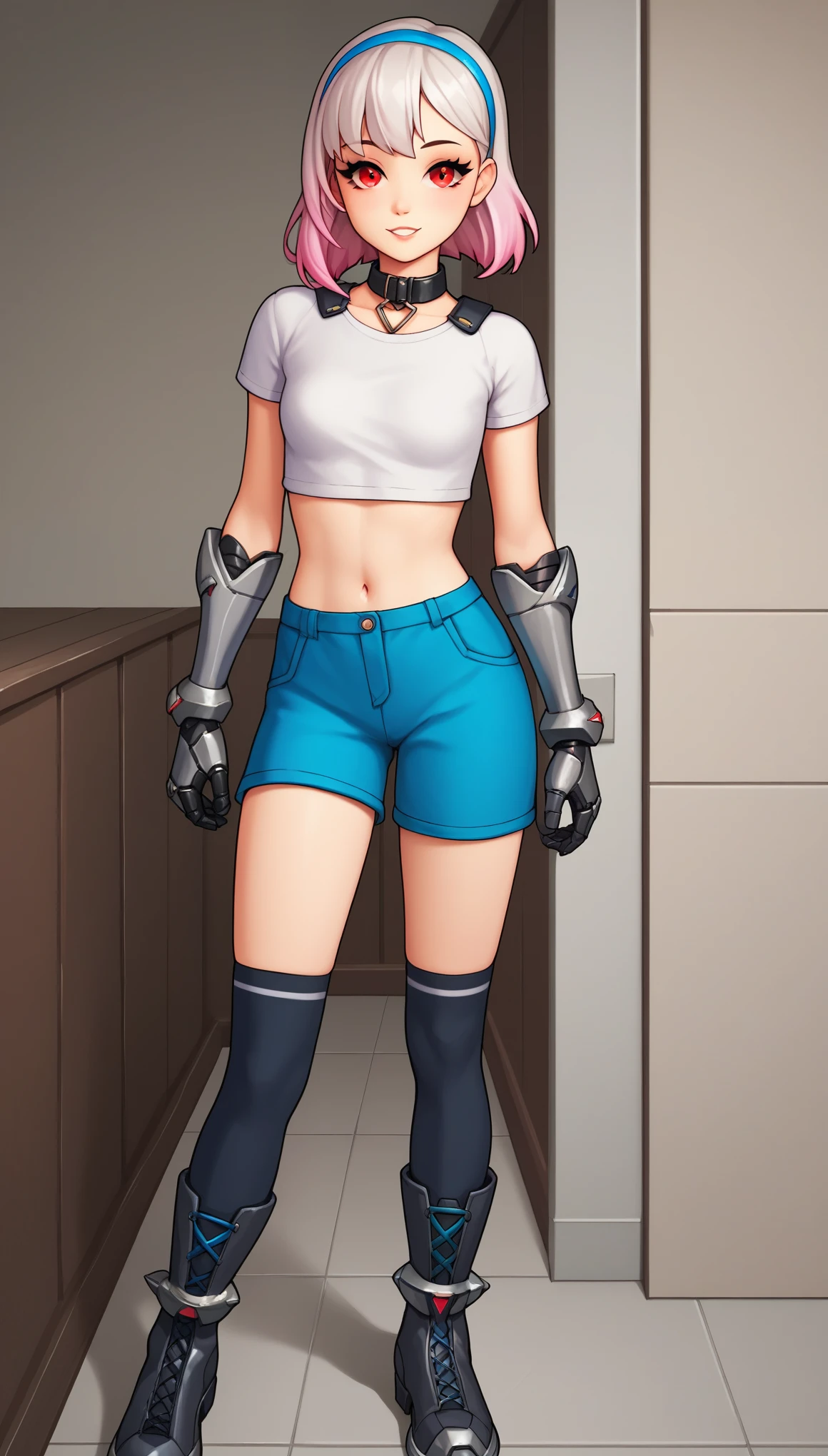 score_9, score_8_up, score_7_up, score_6_up, score_5_up, score_4_up, LexaFEXL, red eyes, white hair, pink hair, gradient hair, short hair, blue hairband, bangs, black collar, mechanical arms, small breasts, white crop top, short sleeves, navel, (blue shorts), black thighhighs, black boots, (solo), standing, looking at viewer, indoors