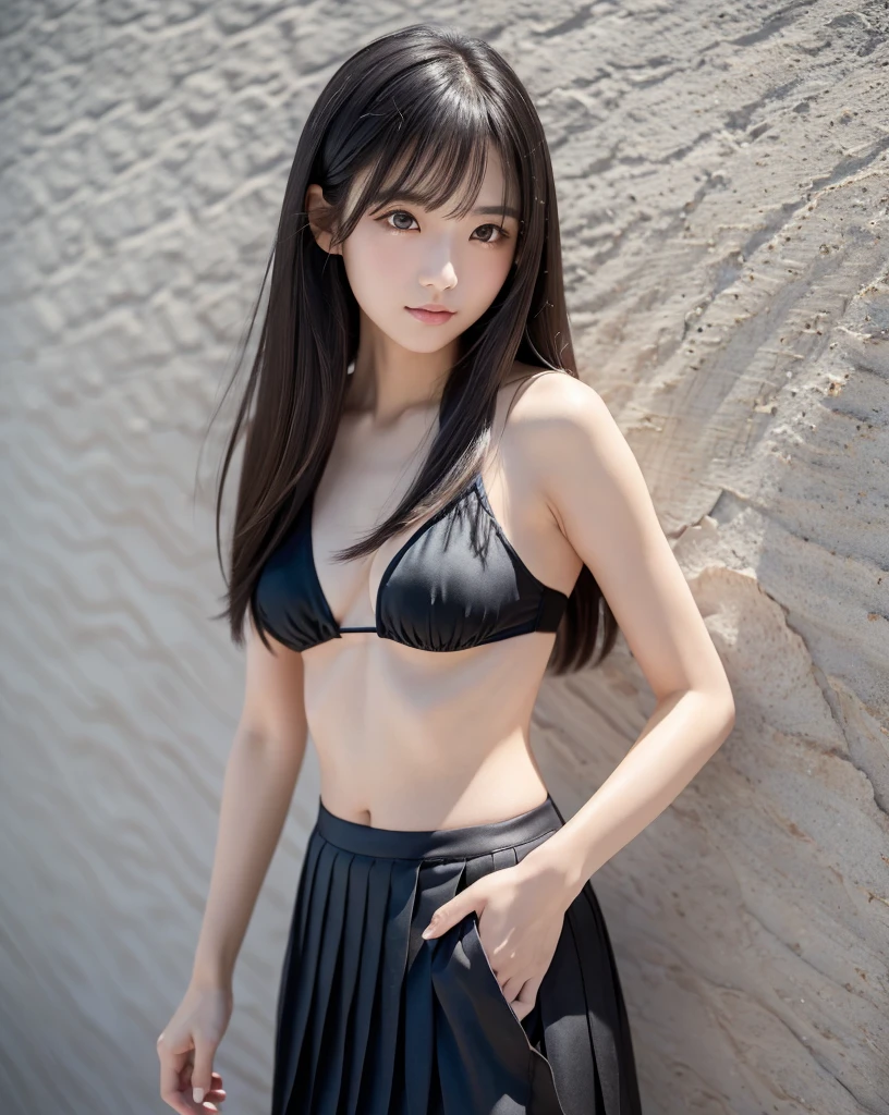 (highest quality, 32k, High resolution, Masterpiece:1.5, ), marimo_jet, god々A photograph with brilliant dazzling and healing power., Evoking a sense of calm and elusive beauty, Expressing emotions, Have a rich imagination,Beautiful Japanese Girls, An exceptionally beautiful face, Small Face Beauty, Perfect Human Anatomy, ((Low - Angle:1.0)), ((Low - Angle見下ろし:1.1)), Magical big eyes, Motherhood and generosity, Deep Love, fleeting smile, ((Shiny black hair:1.1)), ((Super Long Straight Silk Hair)), Asymmetrical bangs, Hair between the eyes, Transparent, soft white skin, Sharp eyebrows, Thin lashes, Natural Makeup, Cheek highlighter, Pale pink detailed lips, , ((High-quality black bikini:1.2)), ((Black pleated skirt)), High resolutionの完璧な鎖骨, High resolutionの美しい胸元, Slim figure with ample breasts, High resolutionの美しい太もも, ((Detailed mortar wall background:1.3)), Dazzling Sun, Professional Lighting, Professional photographer, Professional models, god秘的