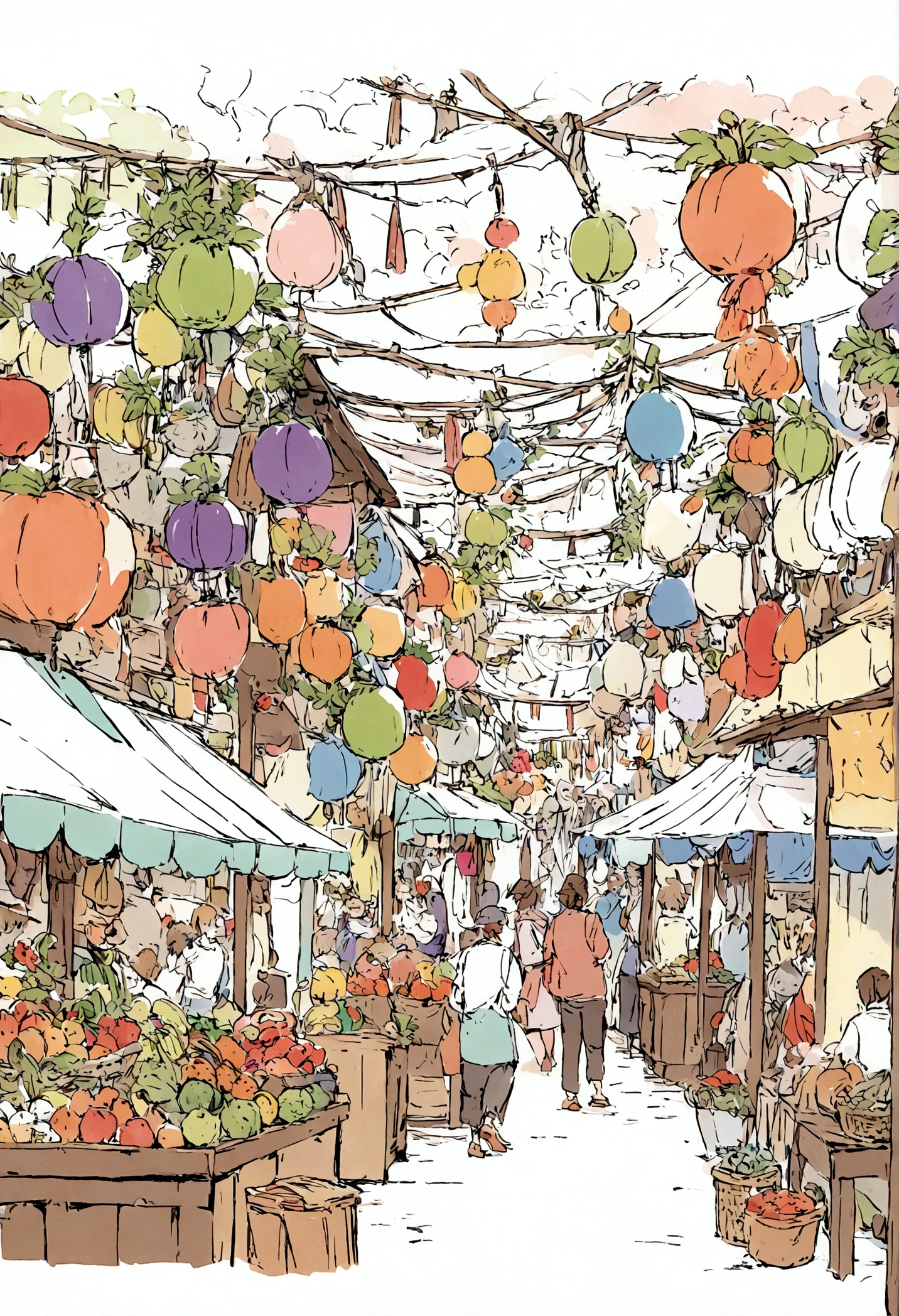 Book page coloring art, All-white background, Use only outlines, line art, coloring book, Clean line art, For coloring Simple and clean line art, coloring book page, With a brush of Alphonse Mucha, perfect detail, Description: A lively marketplace with various stalls selling fruits, vegetables, spices, and textiles. Vendors are calling out to customers, and people are bargaining. There are vibrant umbrellas and decorations hanging above the stalls.
Elements: Market stalls, people, colorful fruits and vegetables, hanging decorations, umbrellas, and baskets.