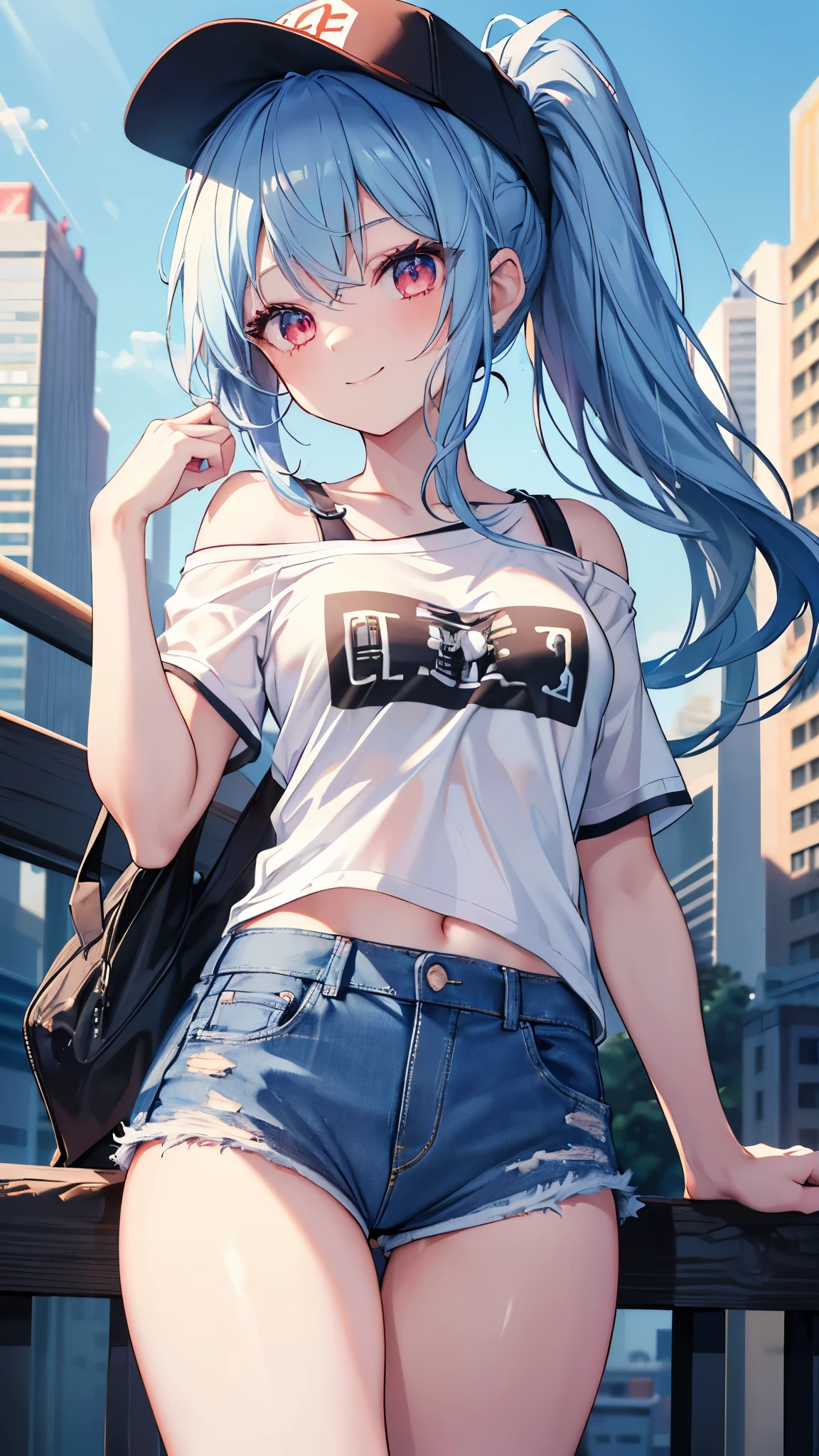 (8k、Best image quality、highest quality、masterpiece)、Detailed face、 One girl、Blue Hair、Long Hair、ponytail、Black Baseball Cap、Red eyes、smile、Moderate breasts、((White T-shirt))、Off the shoulder、Black shoulder straps、((denim short shorts))、Cowboy Shot、Shoot from below、City Background