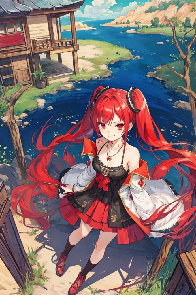 {{Eroge,Game CG,High quality game CG},{{{1girl in}}},{{masutepiece}}, {{{Best Quality}}}, {{Ultra-detailed}}, {{Illustration}},,{{magical little girl}},brooches,,,, {{disheveled hair}},,Big hair, Gradient Hair,Small breasts,,,Drill Hair, {pocket watch},absurdly long hair, Dreadlocks, Red hair, Red hair,Red hair,Gradient Hair,((Evil smile)), v shaped_eyebrows, zettai_ryouiki,,,, floral print and pleated skirt. Add accessories like fringed earrings or a statement necklace.、Complete the look. Gather on the grassland with adventurers,burning city background,((Shoulders and arms are exposed)),(Evil smile),Furious,(Evil smile),(loli girl),(loli girl),Jewel-like red eyes,(Arms Exposed),((high twintails)),twintails, girl,((full body)),
