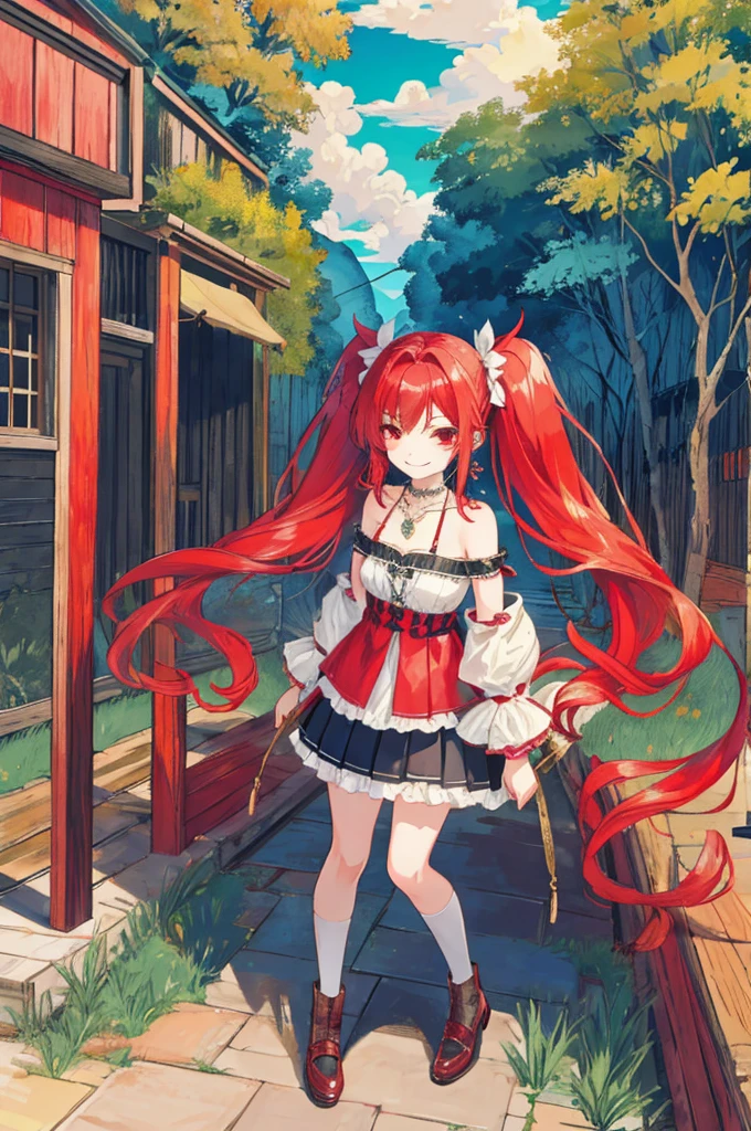 {{Eroge,Game CG,High quality game CG},{{{1girl in}}},{{masutepiece}}, {{{Best Quality}}}, {{Ultra-detailed}}, {{Illustration}},,{{magical little girl}},brooches,,,, {{disheveled hair}},,Big hair, Gradient Hair,Small breasts,,,Drill Hair, {pocket watch},absurdly long hair, Dreadlocks, Red hair, Red hair,Red hair,Gradient Hair,((Evil smile)), v shaped_eyebrows, zettai_ryouiki,,,, floral print and pleated skirt. Add accessories like fringed earrings or a statement necklace.、Complete the look. Gather on the grassland with adventurers,burning city background,((Shoulders and arms are exposed)),(Evil smile),Furious,(Evil smile),(loli girl),(loli girl),Jewel-like red eyes,(Arms Exposed),((high twintails)),twintails, girl,((full body)),