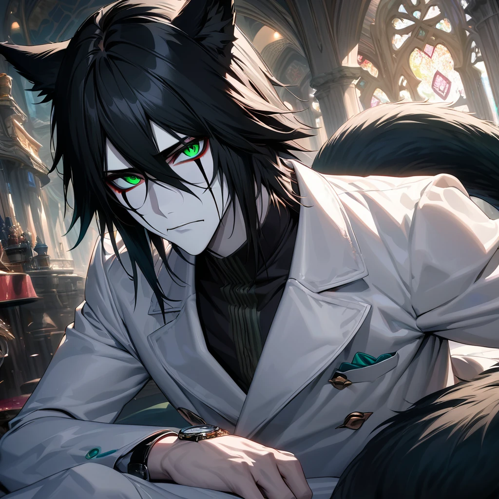 absurd, high definition, ultra detailed, HDR, masterpiece, extremely detailed face and eyes, perfect face, Ulquiorra Cifer, black hair, hair between eyes, expressive green eyes, pale skin, cat ears, big bushy tail, Bleach, solo, sexy man , handsome, white coat, tight black shirt, patterns, in wonderland, watch