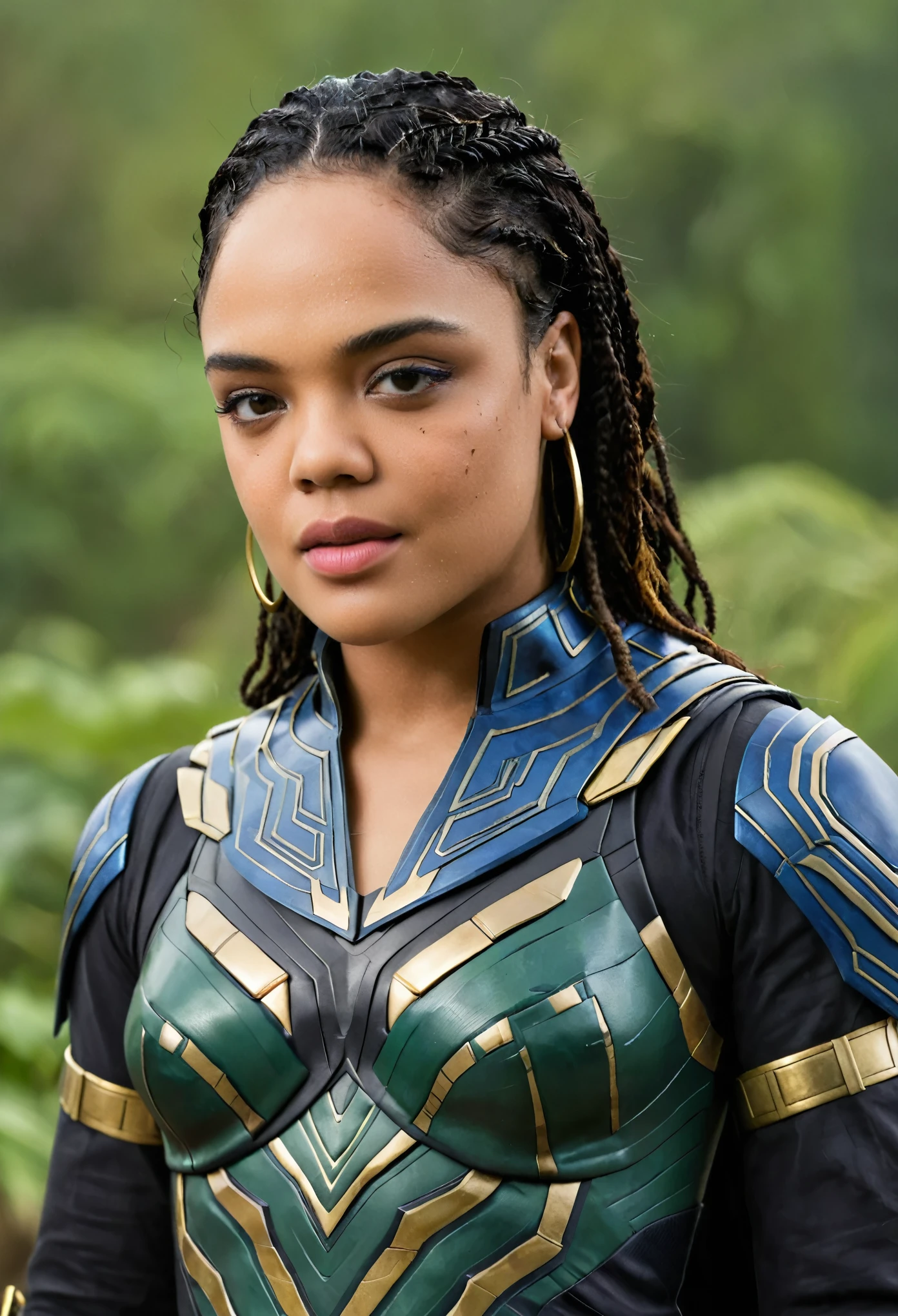 Extremely gorgeous woman Tessa Thompson AS A WAKANDAN WARRIOR, DETAILS, GOOD SKIN, highly detailed, skin pores, sharp focus, amazing details, 