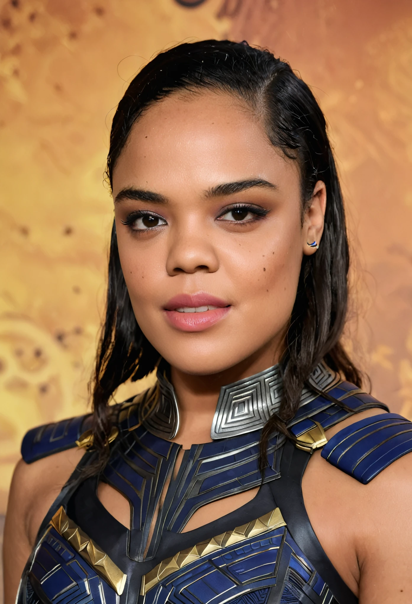 Extremely gorgeous woman Tessa Thompson AS A WAKANDAN WARRIOR, DETAILS, GOOD SKIN, highly detailed, skin pores, sharp focus, amazing details, 