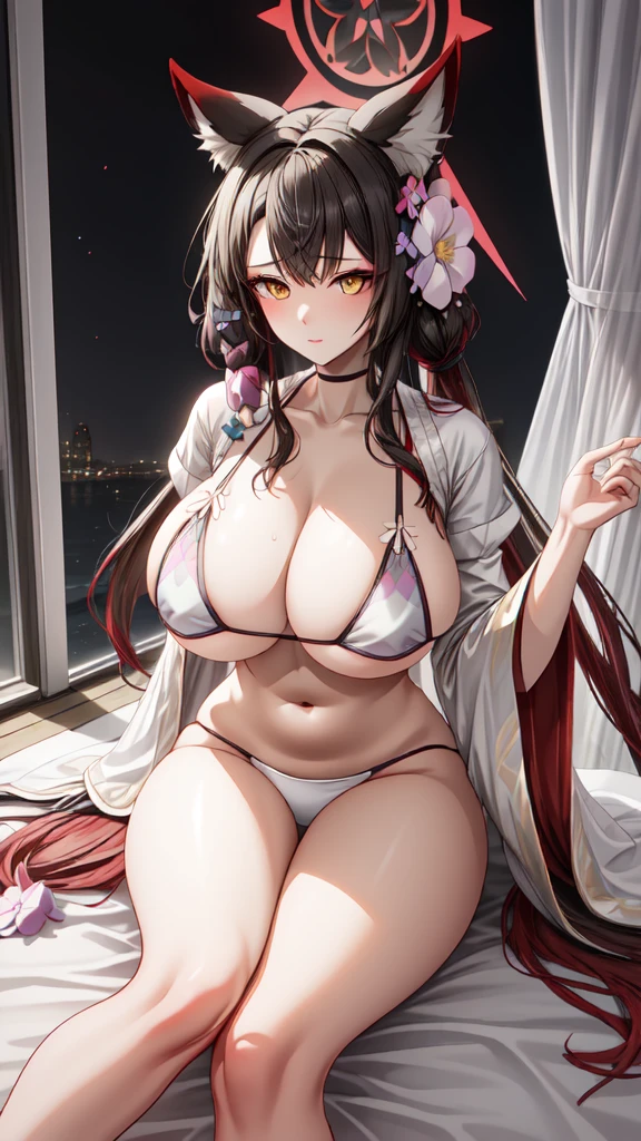 best quality, masterpiece, highres, solo, 1girl, 20years,yellow eyes, fox girl, kitzune,(wakamo_bluearchive:1.10), (white bikini:1.35), (wide sleeves:1.20), sexy "Indulge in perfection as you behold peacefully resting on a high-quality bed, adorned in a beautiful nightgown, with flawless anatomy, while the gentle moonlight through the window adds a touch of magic to this stunning 4K image, free from any distortions that may detract from her beauty."