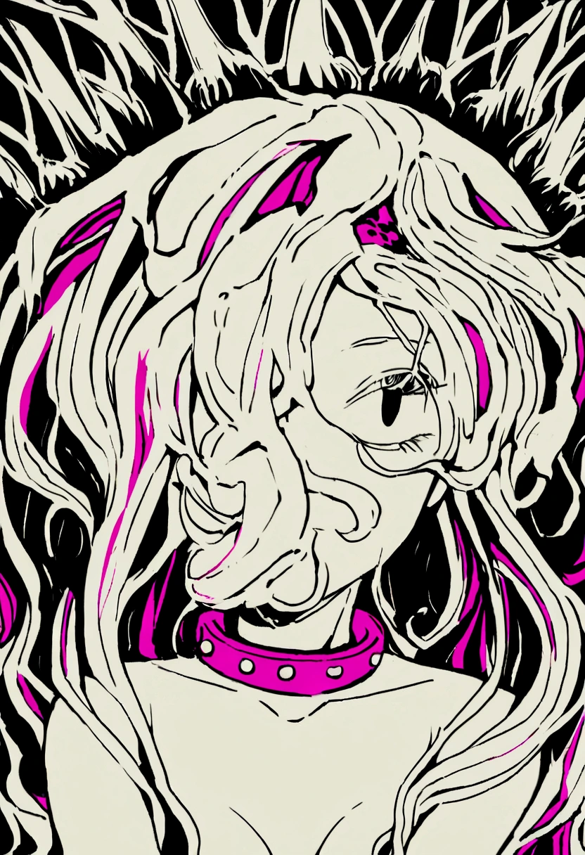 Chica anime con cabello de color ?????, recto y corto que llega hasta los hombros cabello negro y con un collar tipo correa de color negro en el cuello su pose es sentada completamente desnuda masturbandose con una cara de orgasmo