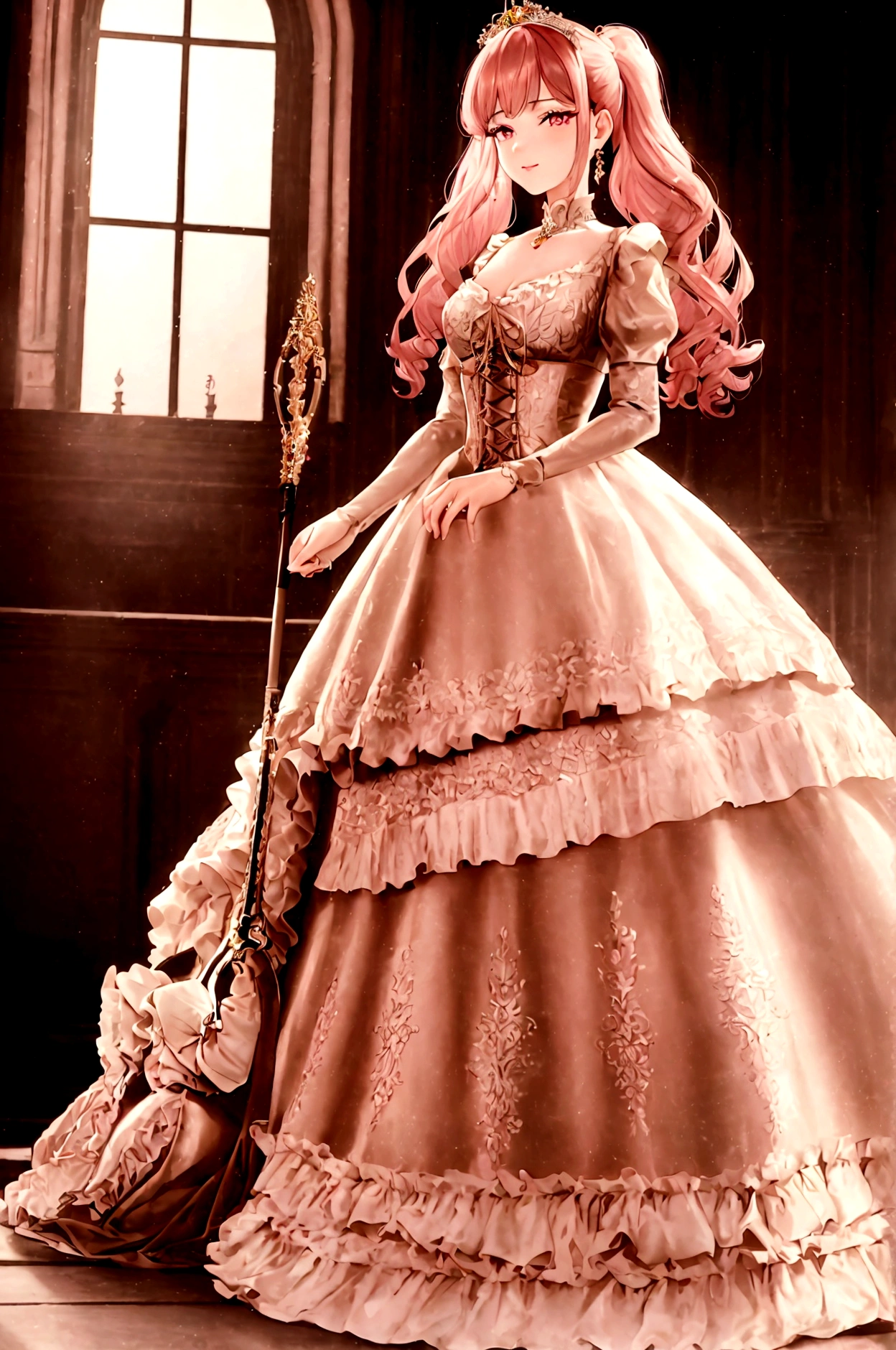 (best quality,4k,8k,highres,masterpiece:1.2),ultra-detailed, Pretty 15 years old princess, drawn in anime style, is cute and happy, long red pigtails hair, pink eyes, small breast, makeup and lipstick, steampunk, red and white ball gown with puffy sleeves, physically-based rendering,gorgeous frilly dress design,flowing gown,elaborate lace details,rich textures,contrast stitching,delicate ribbon bows,floral accents, daisy flowers embroidery, full skirt,short sleeves,fitted waistline,flared cuffs,lace-up back,luxurious fabrics,flawless silhouette, petticoat, bloomers, bustle, corset, hair ribbons, white elbow gloves, ruby earrings and necklace, gold tiara, high heels, holding a fencing sword, standing in castle bedroom, highly detailed, 4K.