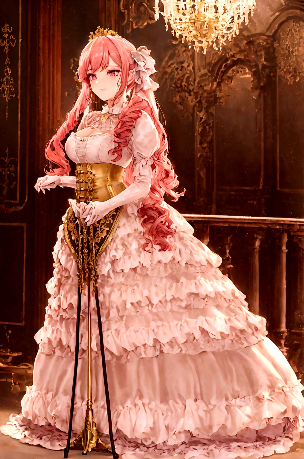 (best quality,4k,8k,highres,masterpiece:1.2),ultra-detailed, Pretty 15 years old princess, drawn in anime style, is cute and happy, long red pigtails hair, pink eyes, small breast, makeup and lipstick, steampunk, red and white ball gown with puffy sleeves, physically-based rendering,gorgeous frilly dress design,flowing gown,elaborate lace details,rich textures,contrast stitching,delicate ribbon bows,floral accents, daisy flowers embroidery, full skirt,short sleeves,fitted waistline,flared cuffs,lace-up back,luxurious fabrics,flawless silhouette, petticoat, bloomers, bustle, corset, hair ribbons, white elbow gloves, ruby earrings and necklace, gold tiara, high heels, holding a fencing sword, standing in castle bedroom, highly detailed, 4K.