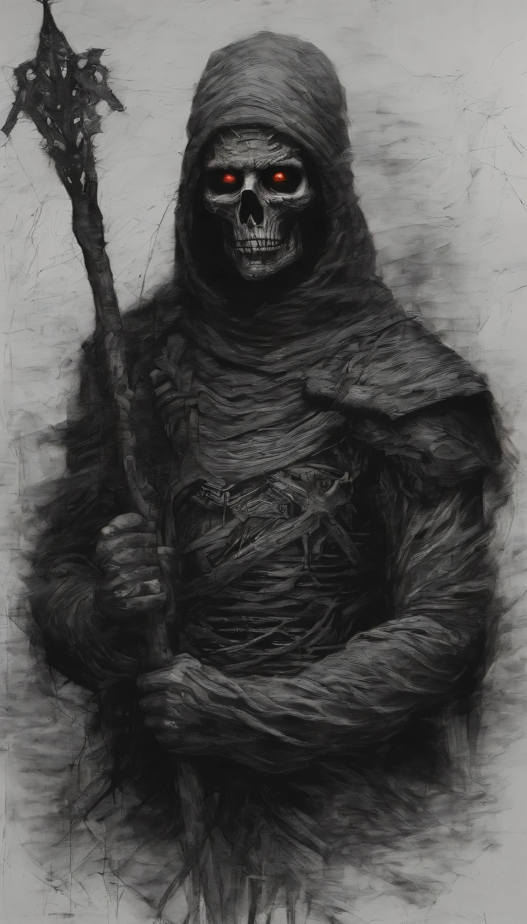 An ancient soldier holding a spear,Surreal art,Eyes glowing red,demonic creature,Ultra-detailed full-body portraits