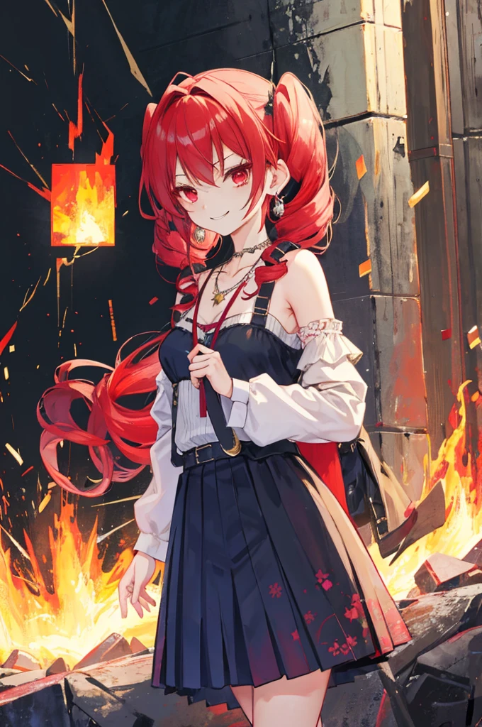 {{Eroge,Game CG,High quality game CG},{{{1girl in}}},{{masutepiece}}, {{{Best Quality}}}, {{Ultra-detailed}}, {{Illustration}},,{{magical little girl}},brooches,,,, {{disheveled hair}},,Big hair, Gradient Hair,Small breasts,,,Drill Hair, {pocket watch},absurdly long hair, Dreadlocks, Red hair, Red hair,Red hair,Gradient Hair,((Evil smile)), v shaped_eyebrows, zettai_ryouiki,,,, floral print and pleated skirt. Add accessories like fringed earrings or a statement necklace.、Complete the look. Gather on the grassland with adventurers,burning city background,((Shoulders and arms are exposed)),(Evil smile),Furious,(Evil smile),(loli girl),(loli girl),Jewel-like red eyes,(Arms Exposed),((high twintails)),twintails, girl,((full body)),