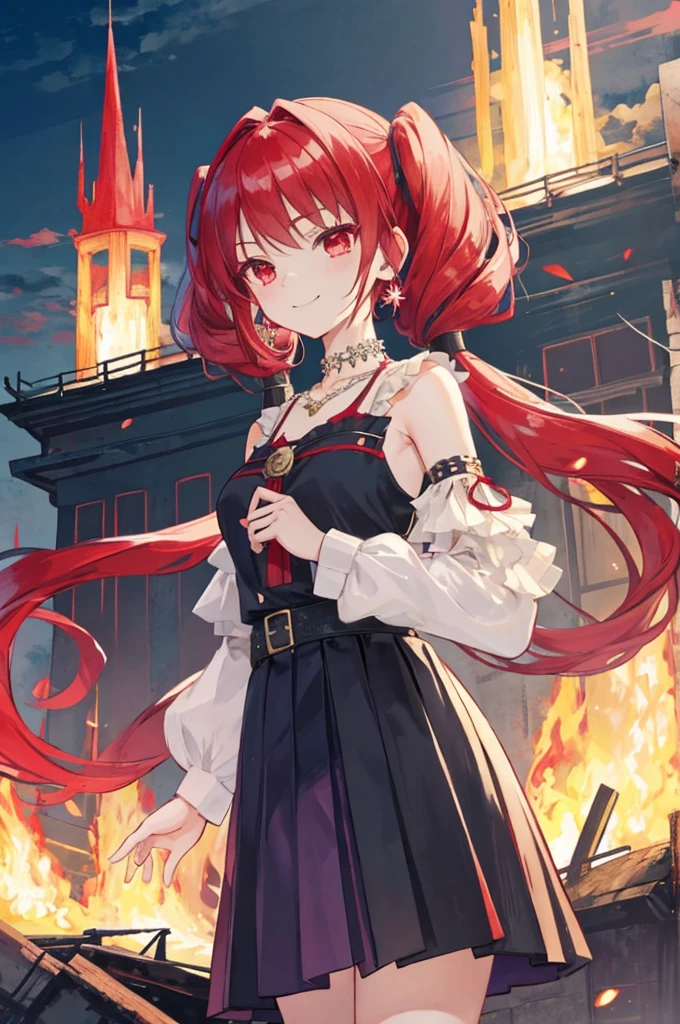 {{Eroge,Game CG,High quality game CG},{{{1girl in}}},{{masutepiece}}, {{{Best Quality}}}, {{Ultra-detailed}}, {{Illustration}},,{{magical little girl}},brooches,,,, {{disheveled hair}},,Big hair, Gradient Hair,Small breasts,,,Drill Hair, {pocket watch},absurdly long hair, Dreadlocks, Red hair, Red hair,Red hair,Gradient Hair,((Evil smile)), v shaped_eyebrows, zettai_ryouiki,,,, floral print and pleated skirt. Add accessories like fringed earrings or a statement necklace.、Complete the look. Gather on the grassland with adventurers,burning city background,((Shoulders and arms are exposed)),(Evil smile),Furious,(Evil smile),(loli girl),(loli girl),Jewel-like red eyes,(Arms Exposed),((high twintails)),twintails, girl,((full body)),