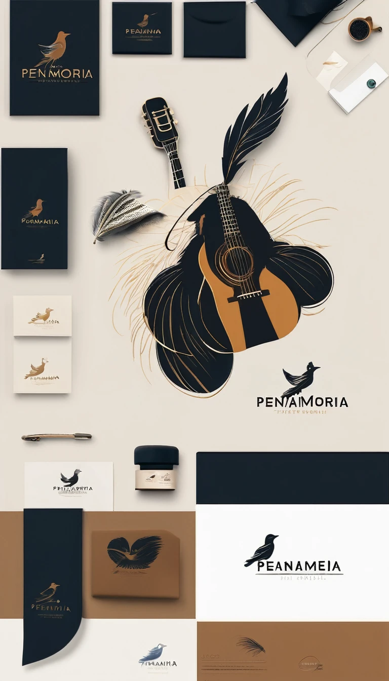 A minimal, modern, simple, cinematic logo design for the brand “Penamemoria". The logotype must be a boy playing acoustic guitar alongside a bird and a feather. The logo must convey a sense of music, stories and dreams. Minimalistic logo of a boy playing acoustic guitar and dissolving into a feather