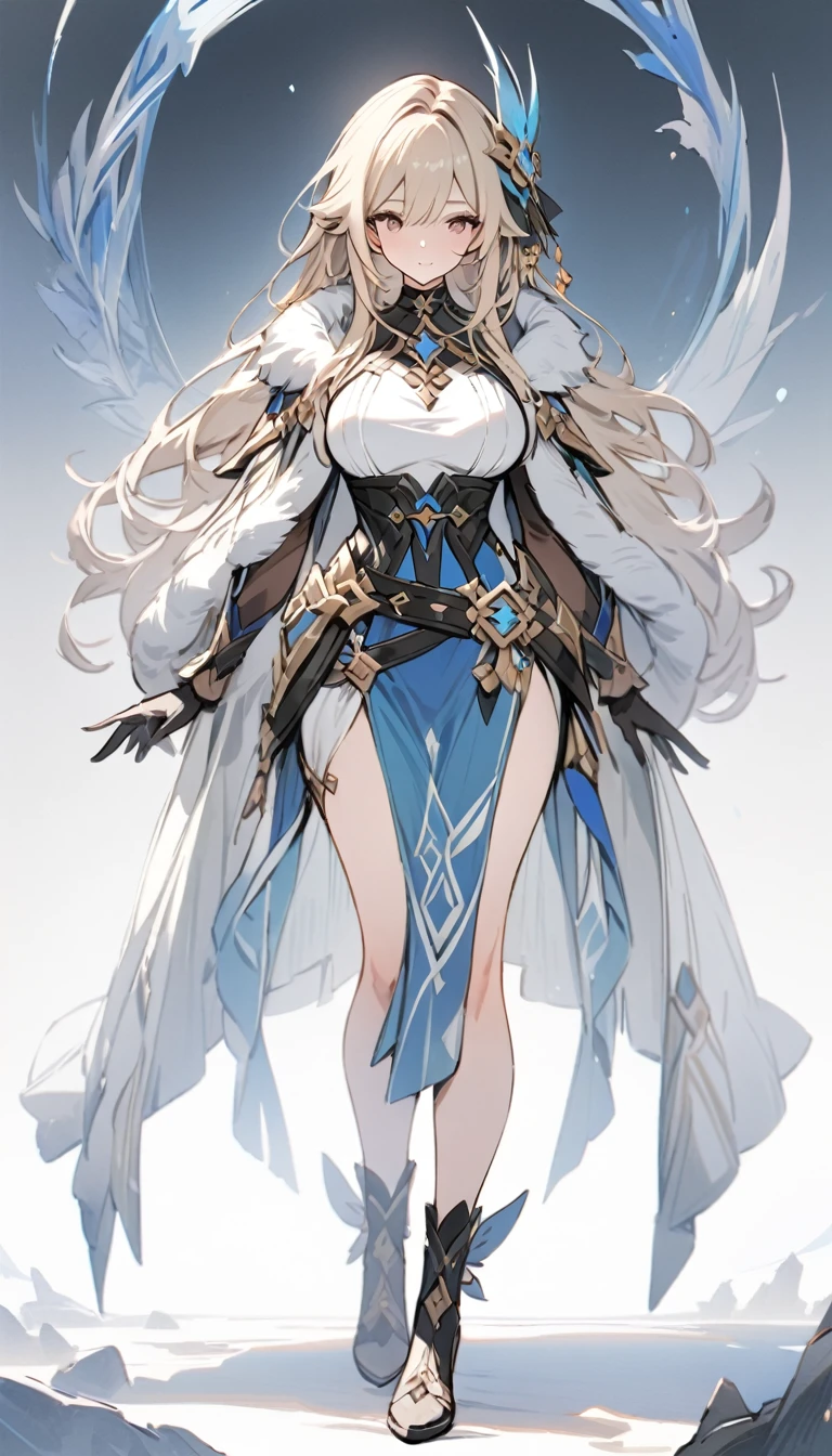 ((masterpiece)), ((best quality)), ((high resolution)), full body, standing, white backgroun, fantasy, genshin clothes, genshin outfit, fantasy theme, large breast, long hair, fur cloak