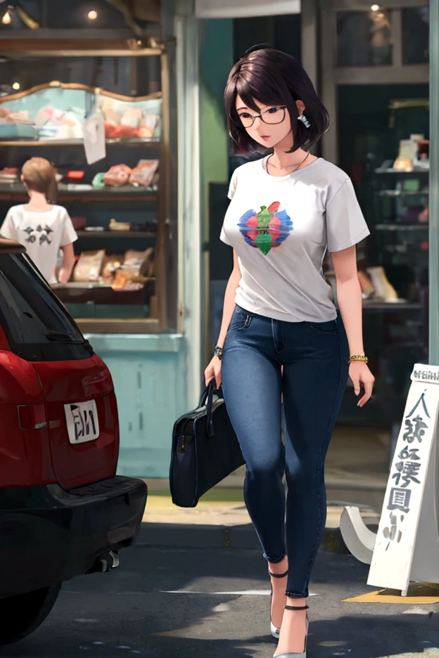 Full body photo、T-Shirts、jeans、High heels、