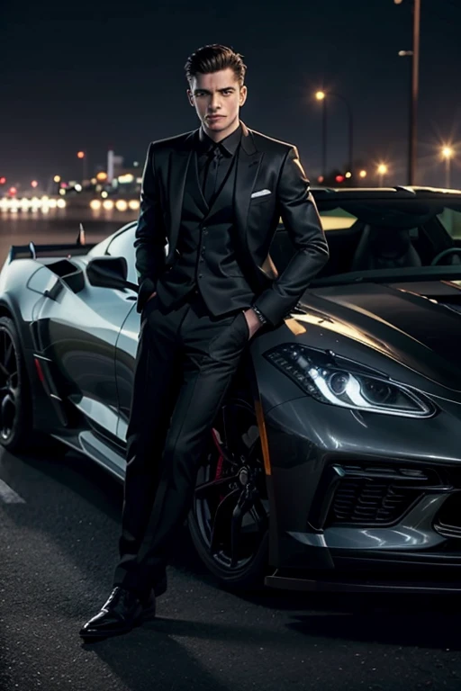 generate an image of a man in a black suit of up to 25 years old with his arms crossed and he is leaning against the front of a c8 corvette and the car&#39;s headlights are on