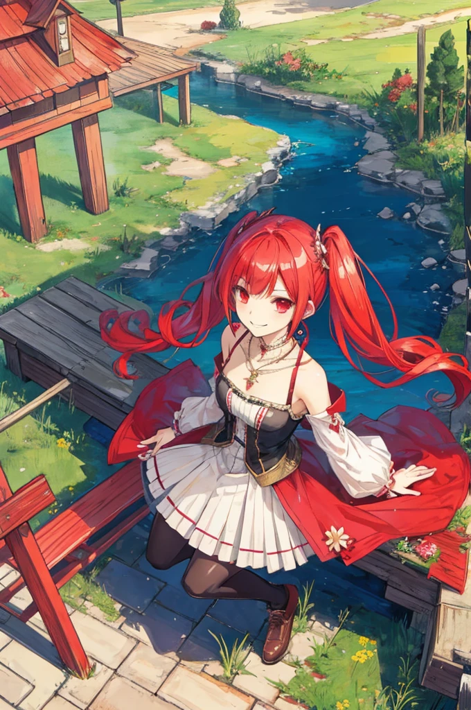 {{Eroge,Game CG,High quality game CG},{{{1girl in}}},{{masutepiece}}, {{{Best Quality}}}, {{Ultra-detailed}}, {{Illustration}},,{{magical little girl}},brooches,,,, {{disheveled hair}},,Big hair, Gradient Hair,Small breasts,,,Drill Hair, {pocket watch},absurdly long hair, Dreadlocks, Red hair, Red hair,Red hair,Gradient Hair,((Evil smile)), v shaped_eyebrows, zettai_ryouiki,,,, floral print and pleated skirt. Add accessories like fringed earrings or a statement necklace.、Complete the look. Gather on the grassland with adventurers,burning city background,((Shoulders and arms are exposed)),(Evil smile),Furious,(Evil smile),(loli girl),(loli girl),Jewel-like red eyes,(Arms Exposed),((high twintails)),twintails, girl,((full body)),