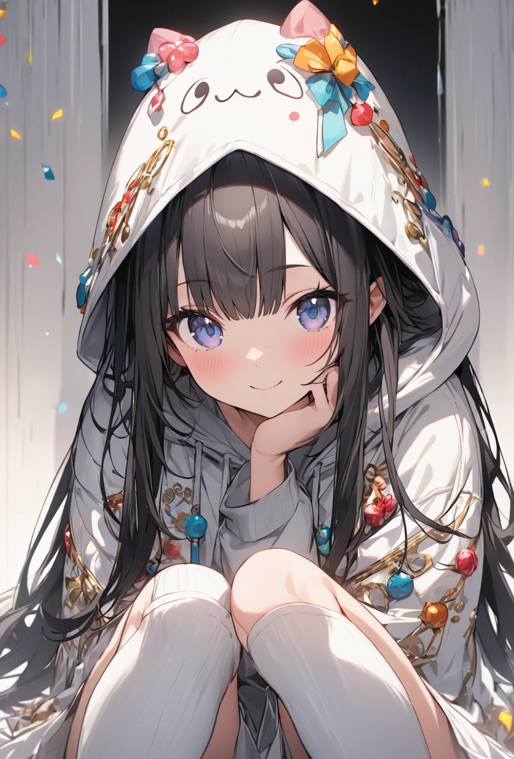 ((highest quality)), ((masterpiece)), ((Very detailed)), (Very cute),A gentle-looking woman with black hair and a smile, about 165cm tall,A woman with a cute smile wearing a hooded hoodie with lots of decorations on her long hair, alone, Cute attitude,(background(bright),Long Hair - Straight,Knee-high socks、A heavily decorated white hakama with a hood,White wall、Sitting、Facing the viewer