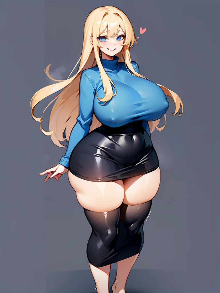 young girl, blue eyes, blue Pullover, black long skirt, whole body to see, smiled, excited, moans, blond long hair, sexy pose, big breasts, wide hips