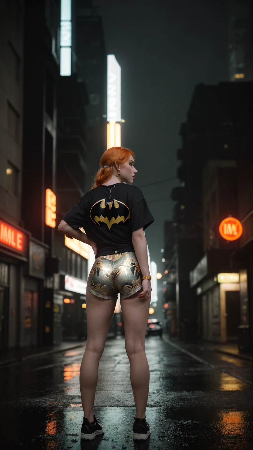 Cinematographic still, natutural lighting, bright lighting, Light is shining over her body, depth of field, high resolution, reflection light, bokeh, Realism, 8K. Solo. Amidst the neon-lit glow of a retro-street, busty ginger in Gotham City, with neon lights and desaturated colors. She's dressed in a hip-hop style, a floral print Apricot-Streetwear Clothes, an oversized t-shirt(with BATMAN-print, and a short shorts, and black&light gray-accessories(BATMAN earrings), and sneakers, and holding a plastic bag, caught in an asymmetrical pose. Characters: Ginger girl(very busty), bold eyebrows, blue eyes, soft makeup, puffy lips, long straight hair(orange-hair), porcelain skin, wide hips, large breasts, perfect hands, perfect fit legs. Setting: Gotham City, perpetual twilight, towering skyscrapers, grimy alleyways, neon-signs, wet-pavements, dim yellow streetlights, shadows concealing horrors. Posing: Asymmetrical pose, holding a plastic bag, walking on the city's sidewalk. Color scheme theme: ((((BATMAN print, Apricot/Black/Light-Gray colors palette theme, with a gold accents))). The scene is captured on a faded film reminiscent of a 70mm(photo from decades past). The colors are desaturated(emphasizing the gloom). The overall effect is akin to the Kodachrome slides of yesteryears, with a touch of Lomography’s(capturing a moment frozen in time). The scene is dark, with harsh lighting and a blurred bokeh background. ((FROM THE BEHIND VIEW))