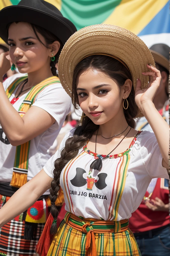 Brazilian Festa Junina or known as Festa de São João,with typical clothes like dresses and braid,plaid t-shirt and cow boy hat