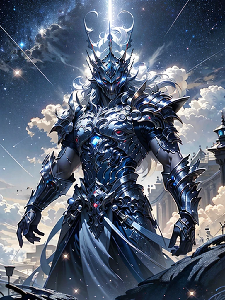 8K resolution, Highly detailed, Digital Painting, Concept art, of the highest quality, Best quality, One, beautiful, 1 man, with a sporty body, V-shaped body, glowing silver detailed armor with glowing blue details, black detailed helmet/crown, floating hair, long hair, white hair, glowing white eyes, blue threads, silver light, against the background of stars and galaxies

((best quality)),((masterpiece)),((highres)),((detailed)), original, extremely detailed 8K wallpaper,intricate details, hyperdetailed, hyper quality, high detail, ultra detailed,perfect lighting,, anime,comic,game CG,